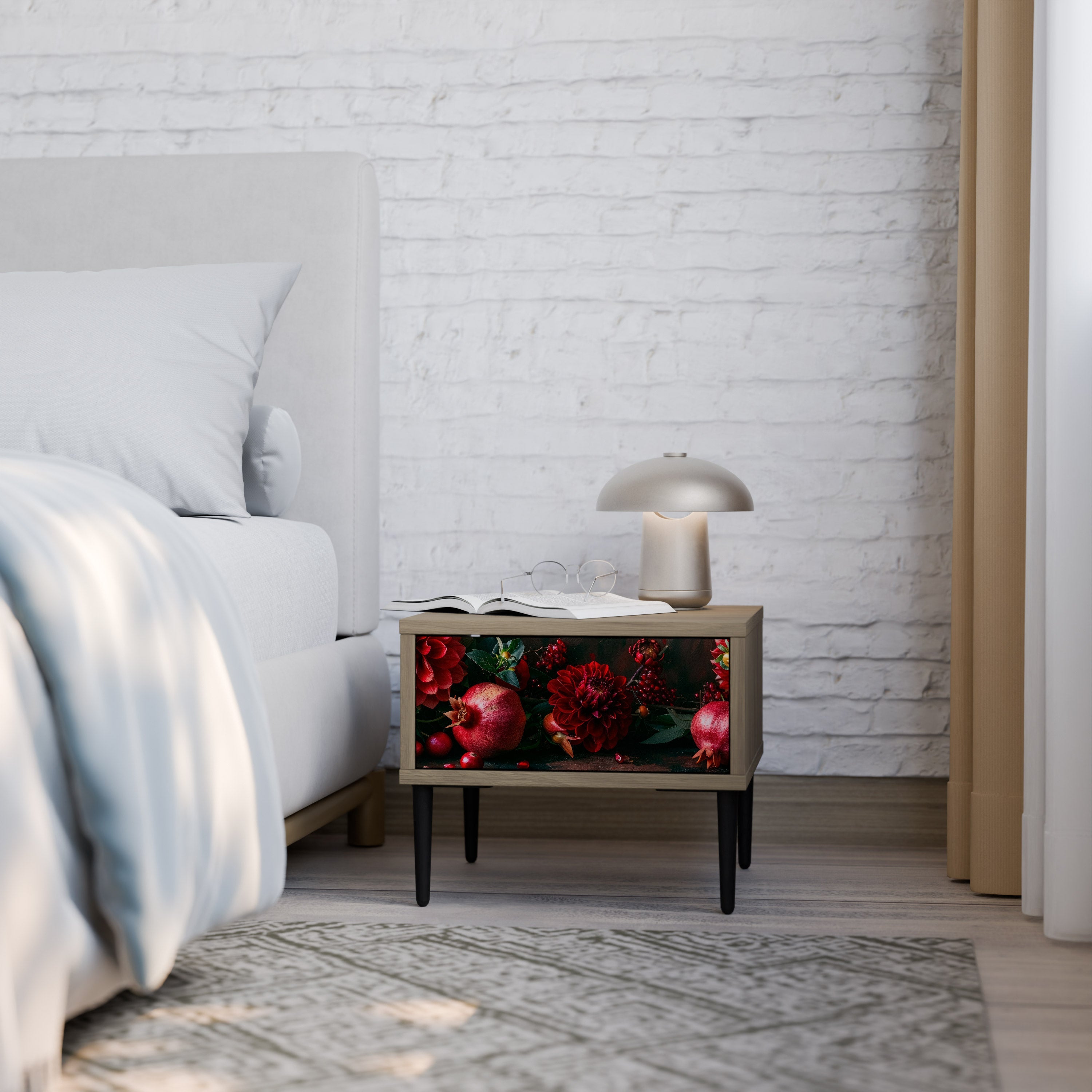 Table de chevet DAHLIAS ET GRENADES effet chêne