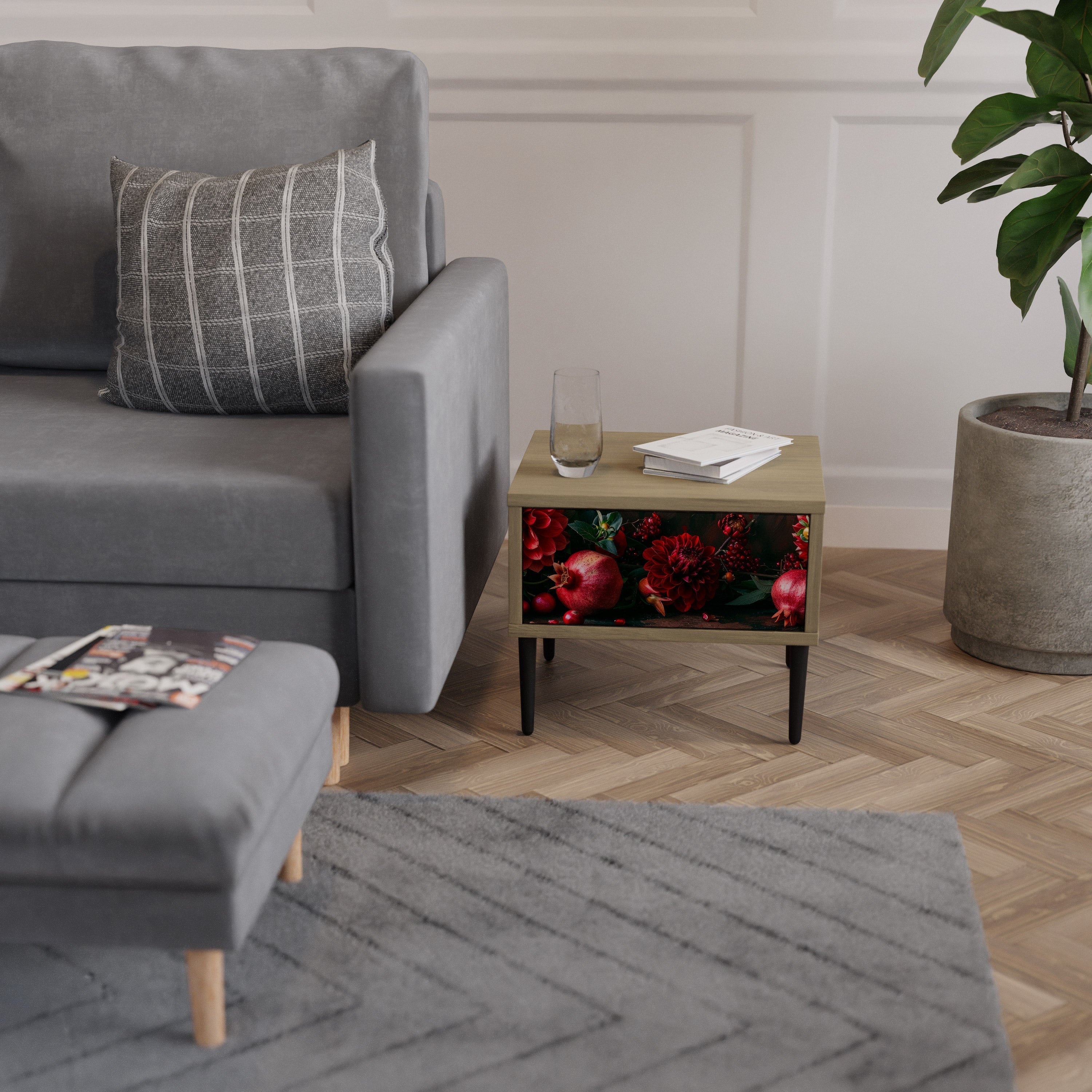 Table de chevet DAHLIAS ET GRENADES effet chêne