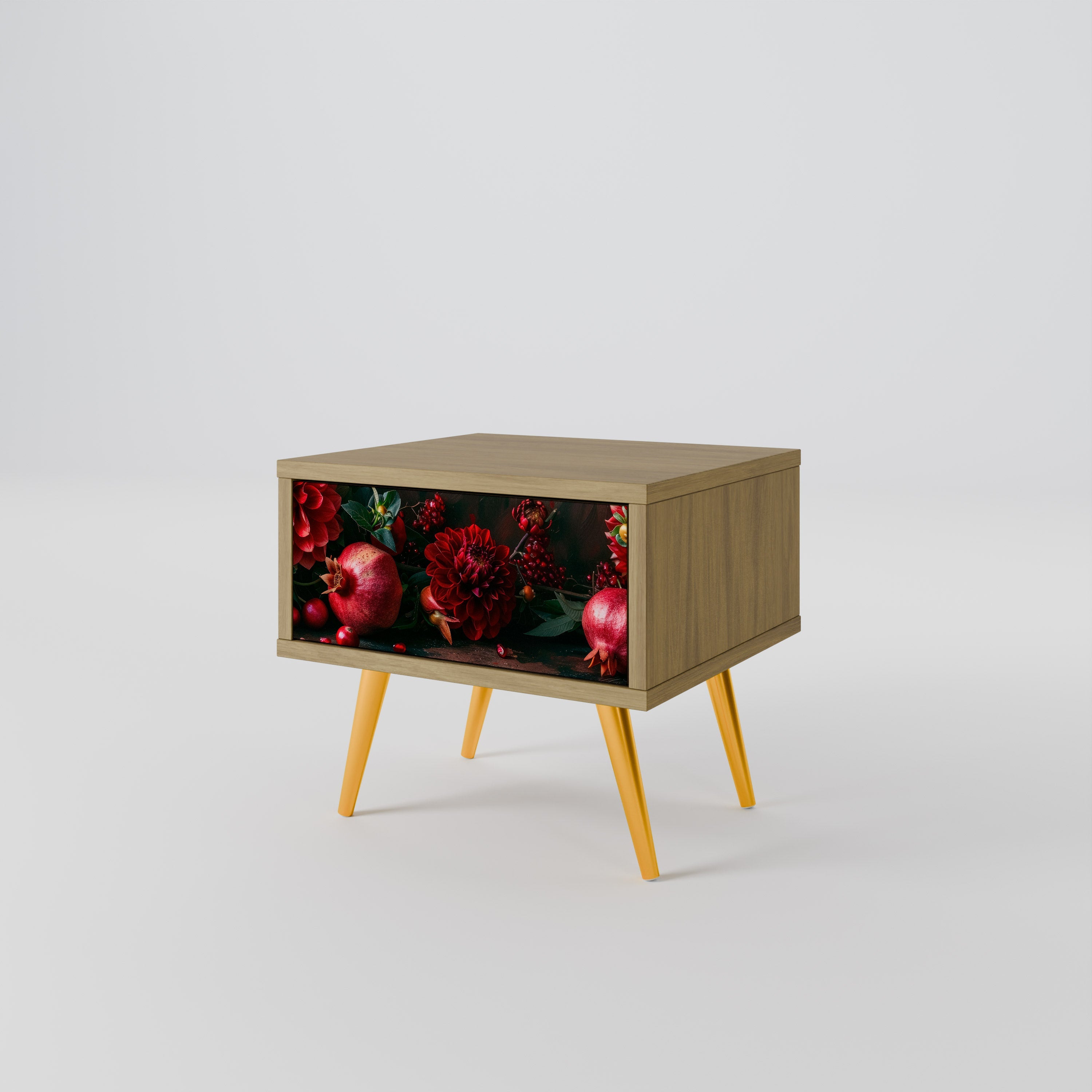 Table de chevet DAHLIAS ET GRENADES effet chêne