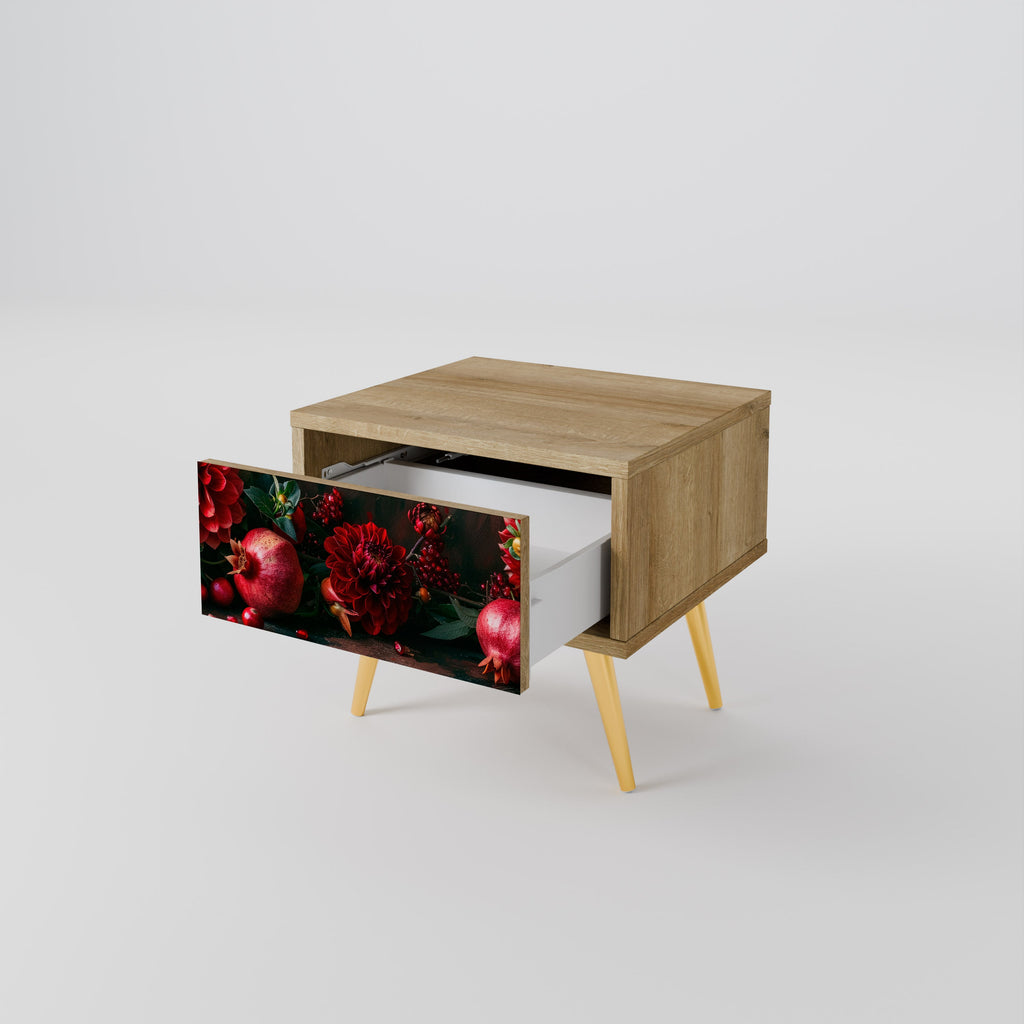 Table de chevet DAHLIAS ET GRENADES effet chêne