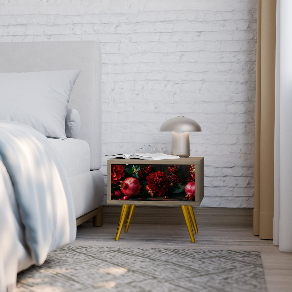 Table de chevet DAHLIAS ET GRENADES effet chêne