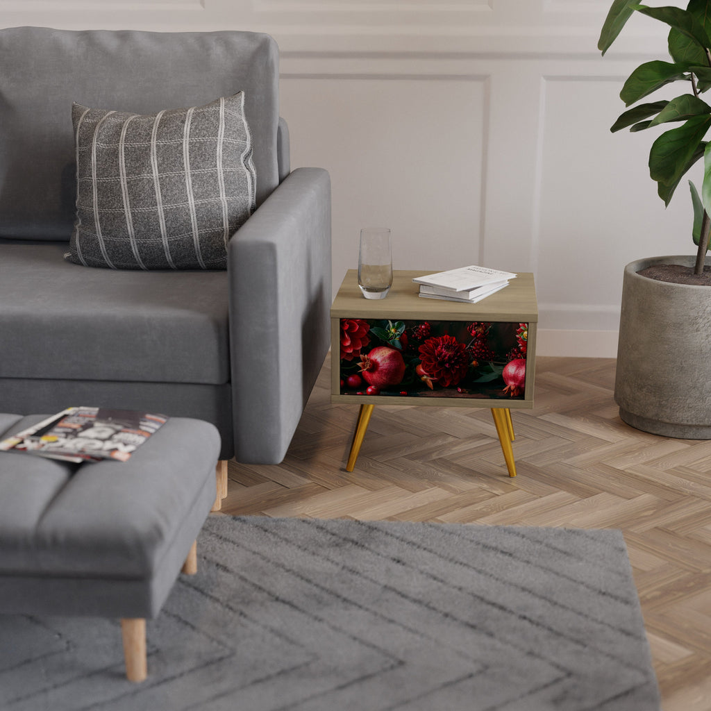 Table de chevet DAHLIAS ET GRENADES effet chêne