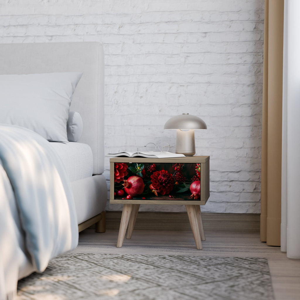 Table de chevet DAHLIAS ET GRENADES effet chêne