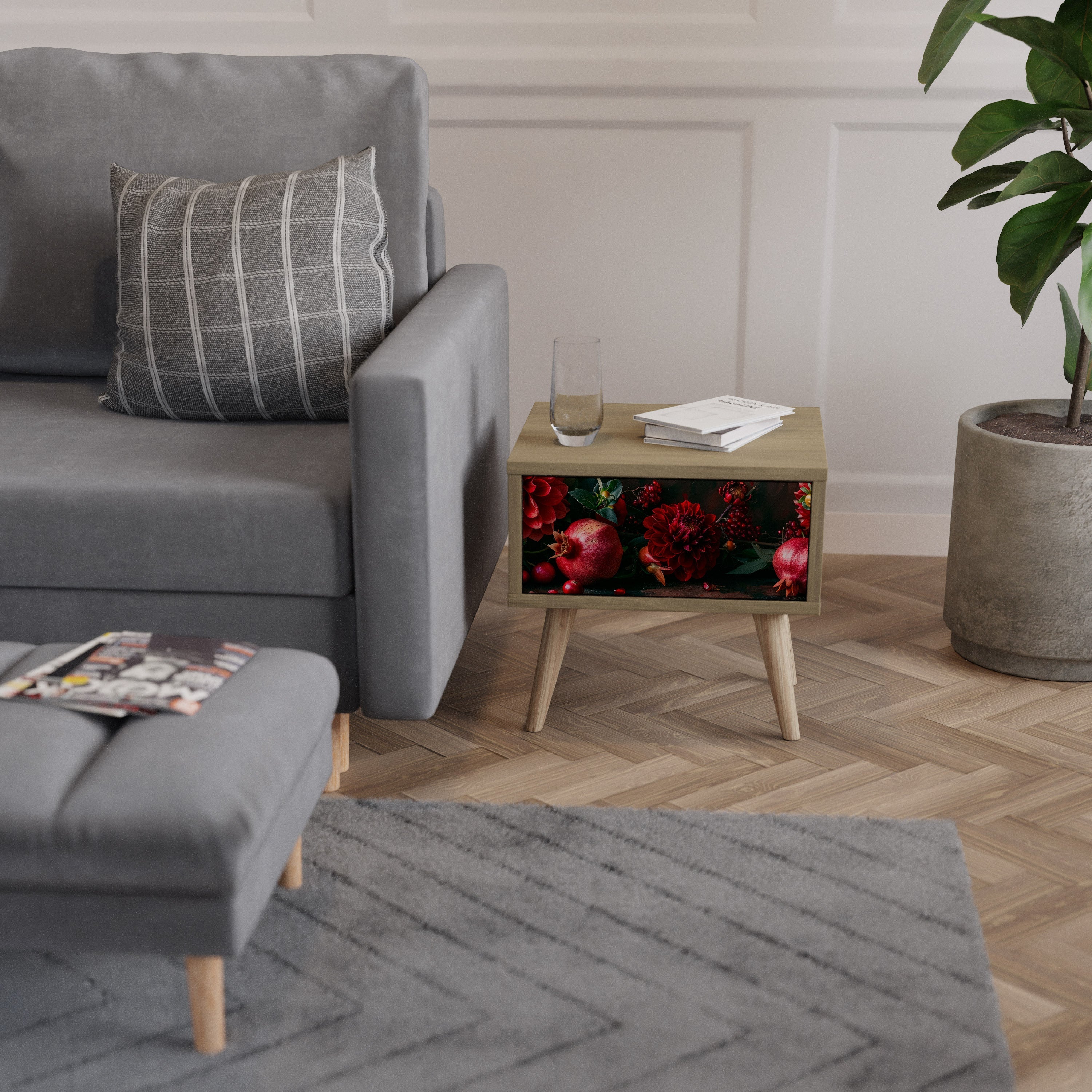 Table de chevet DAHLIAS ET GRENADES effet chêne