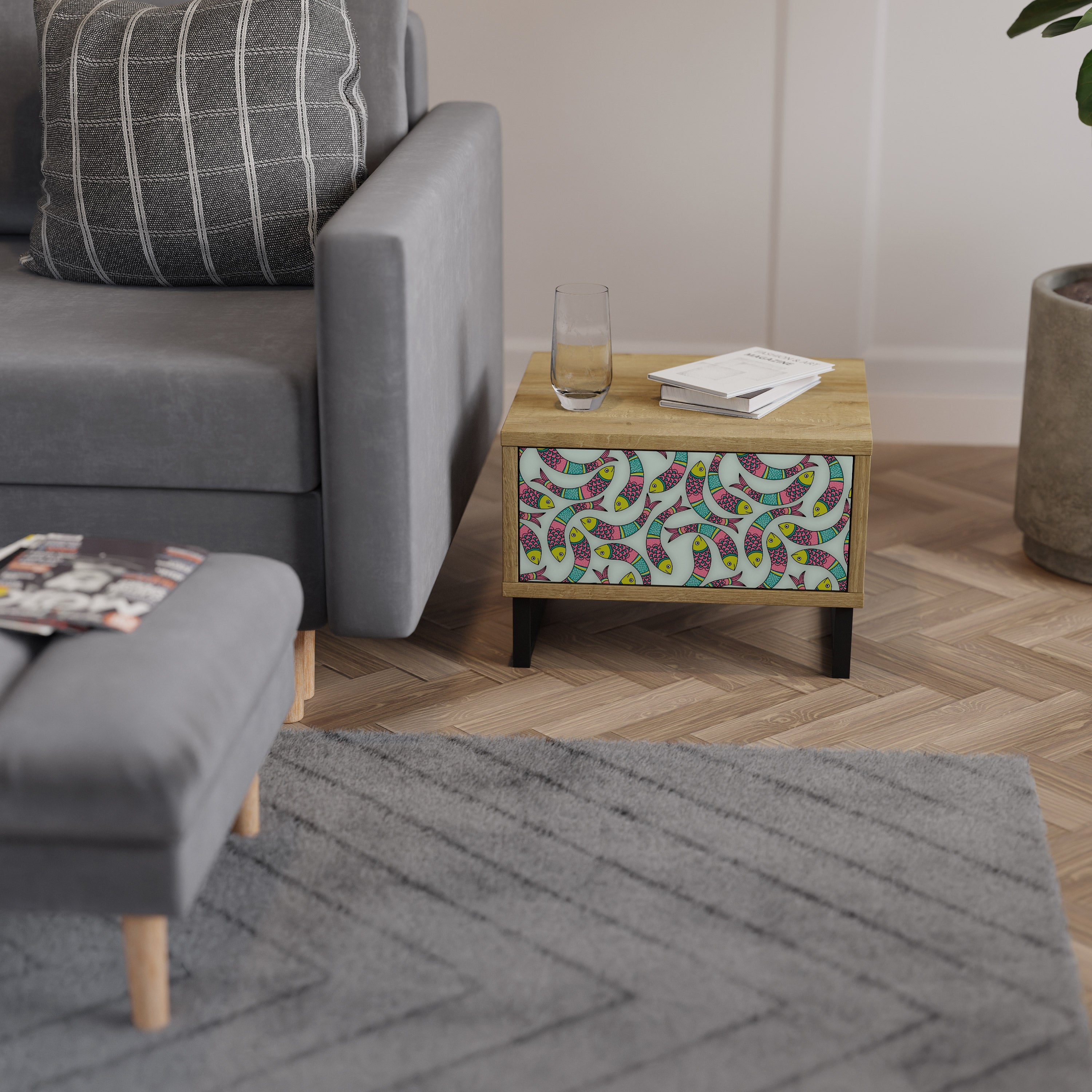 Table de chevet INDIAN FISH effet chêne