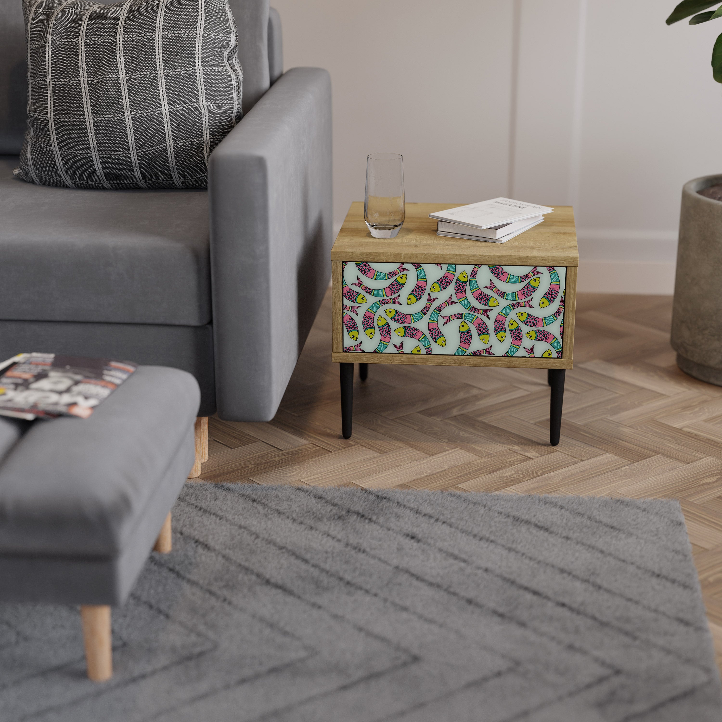 Table de chevet INDIAN FISH effet chêne