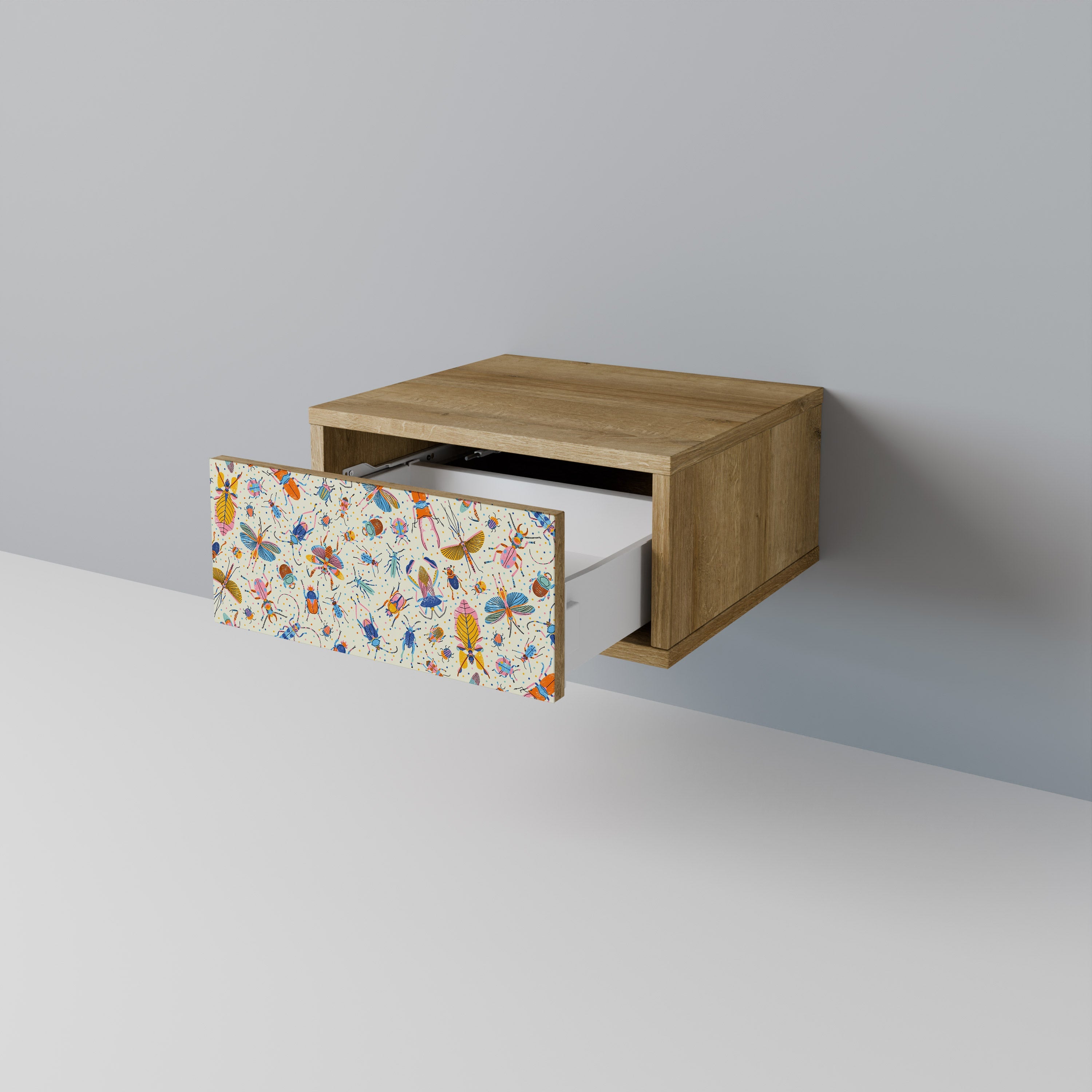 Table de chevet INSECTES COLORÉS effet chêne