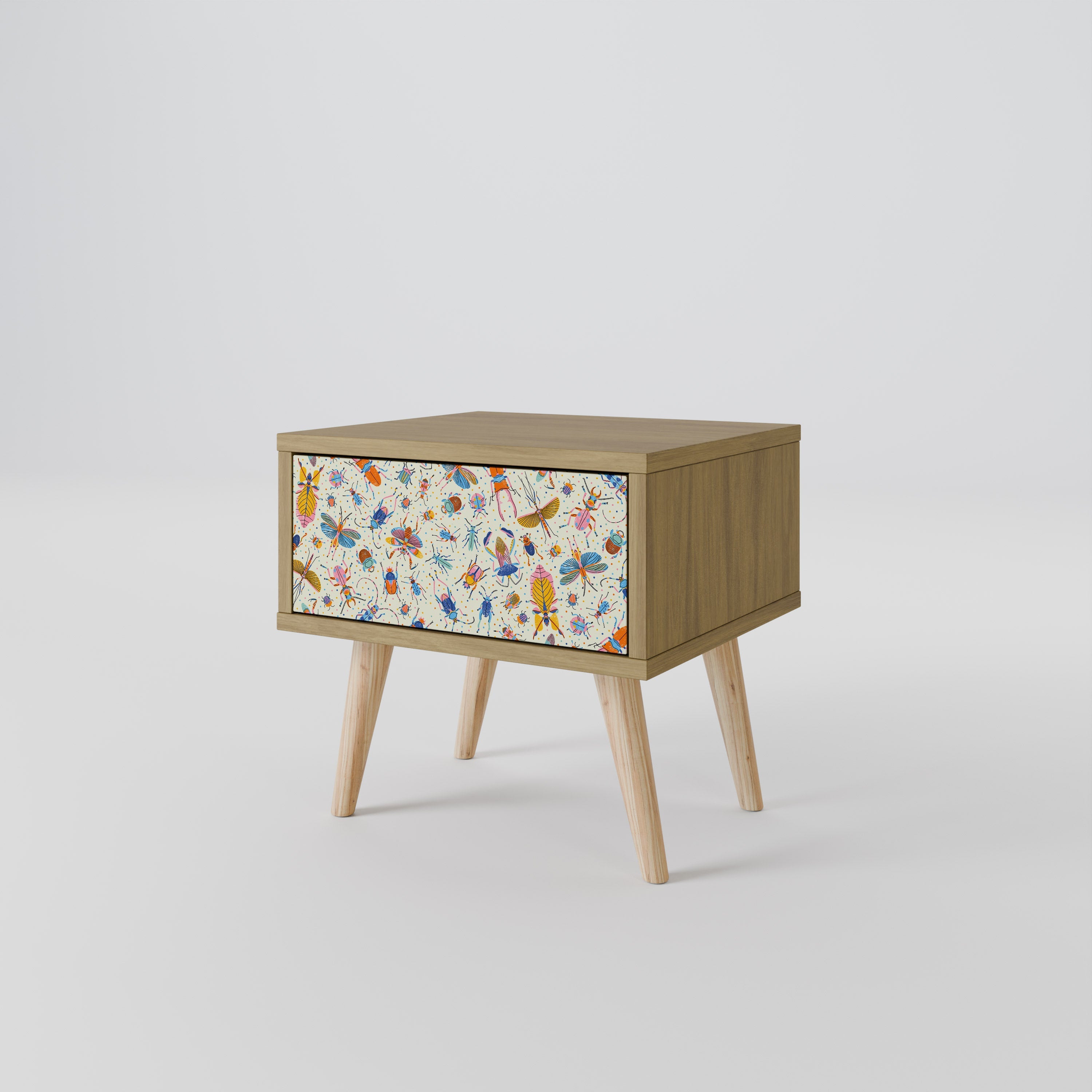 Table de chevet INSECTES COLORÉS effet chêne