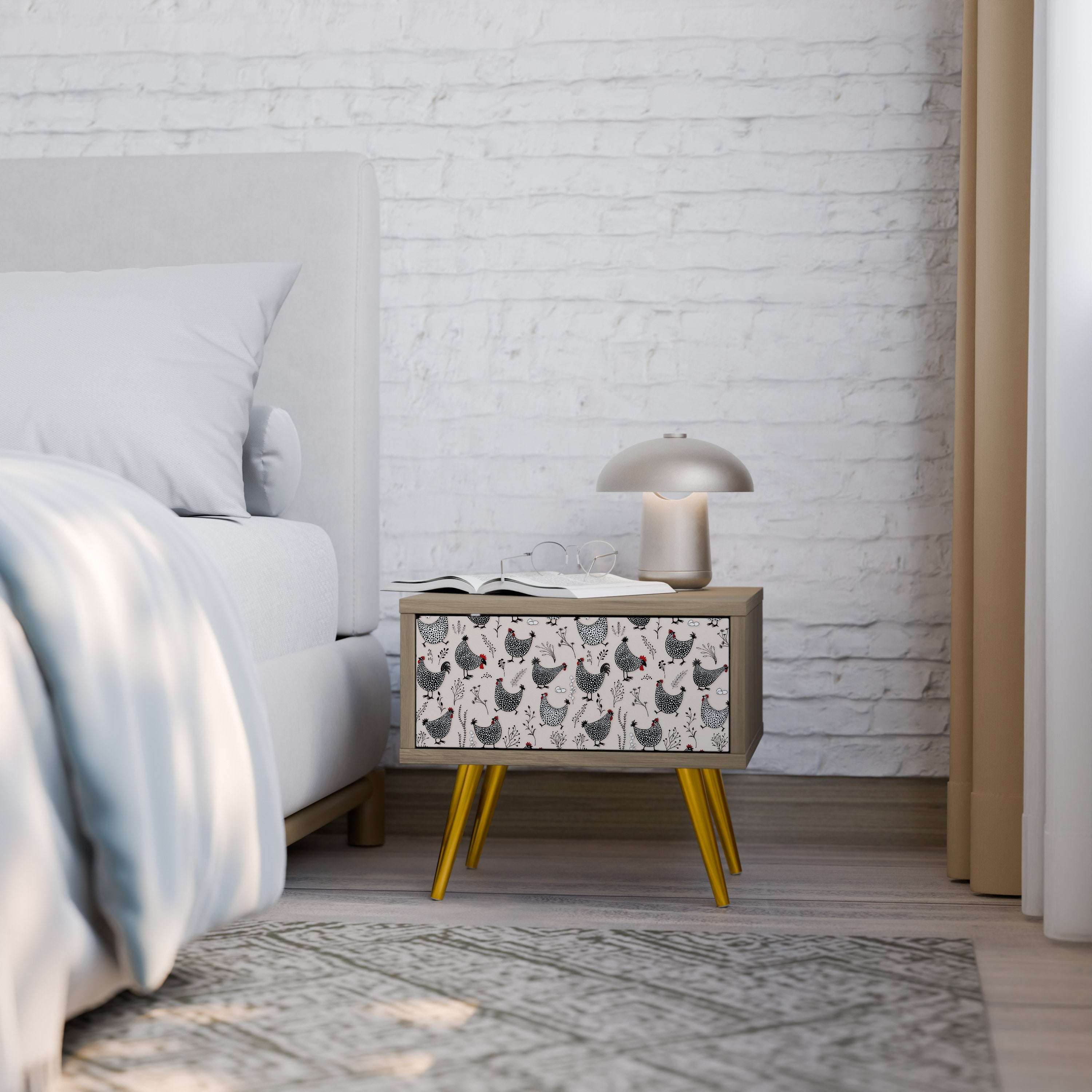 Table de chevet HAPPY HENS effet chêne