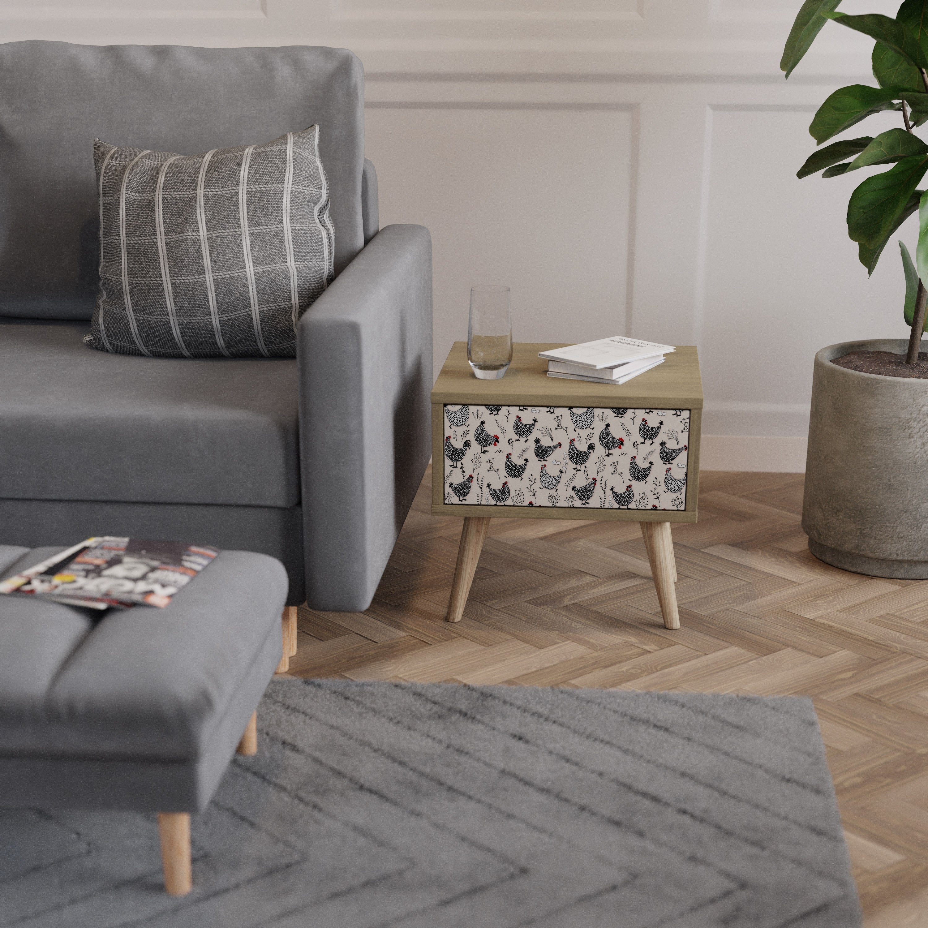 Table de chevet HAPPY HENS effet chêne