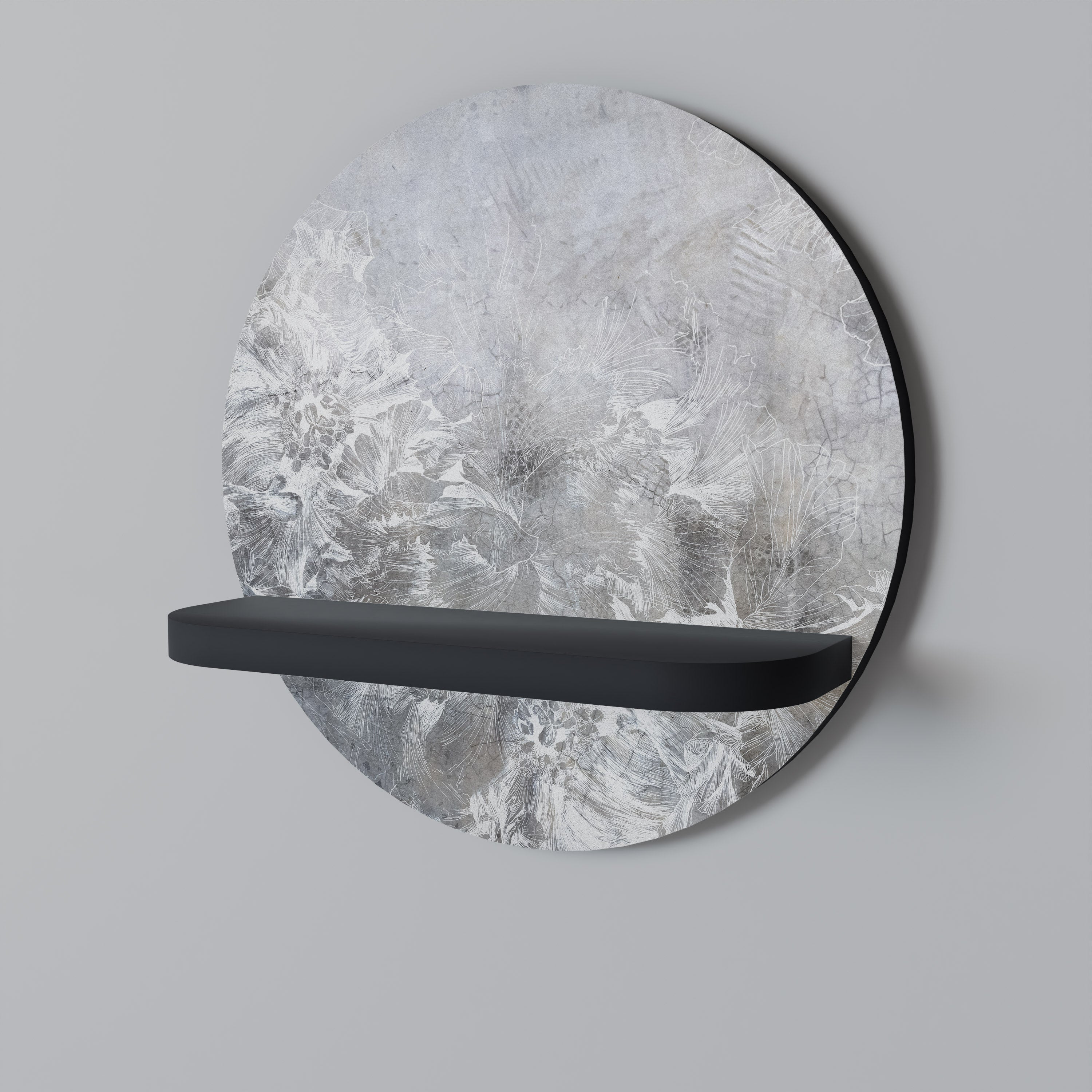 WHITE WHISPER Round Art Shelf In Black Finish