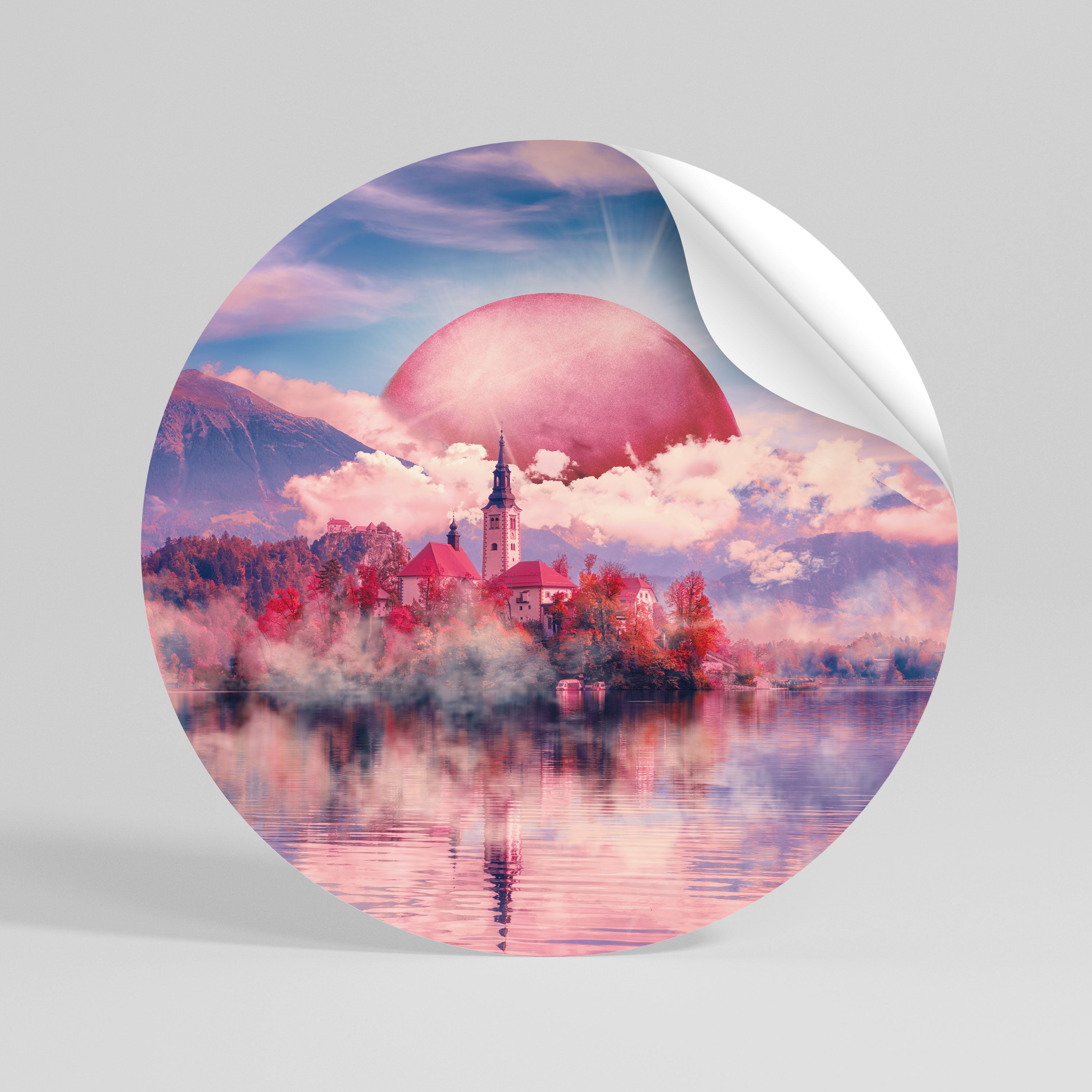 MARS OVER THE BLED LAKE Peel and Stick Round Sticker