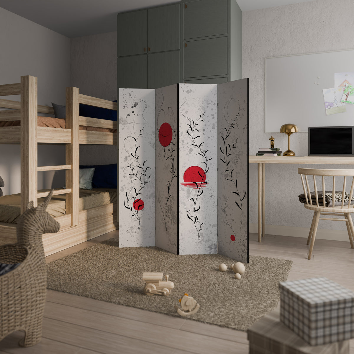 RED WHISPERS IN FOLIAGE 4-Panel Room Divider