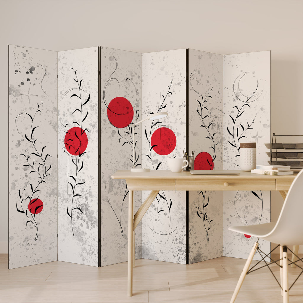 RED WHISPERS IN FOLIAGE Decorative 6-Panel Room Divider