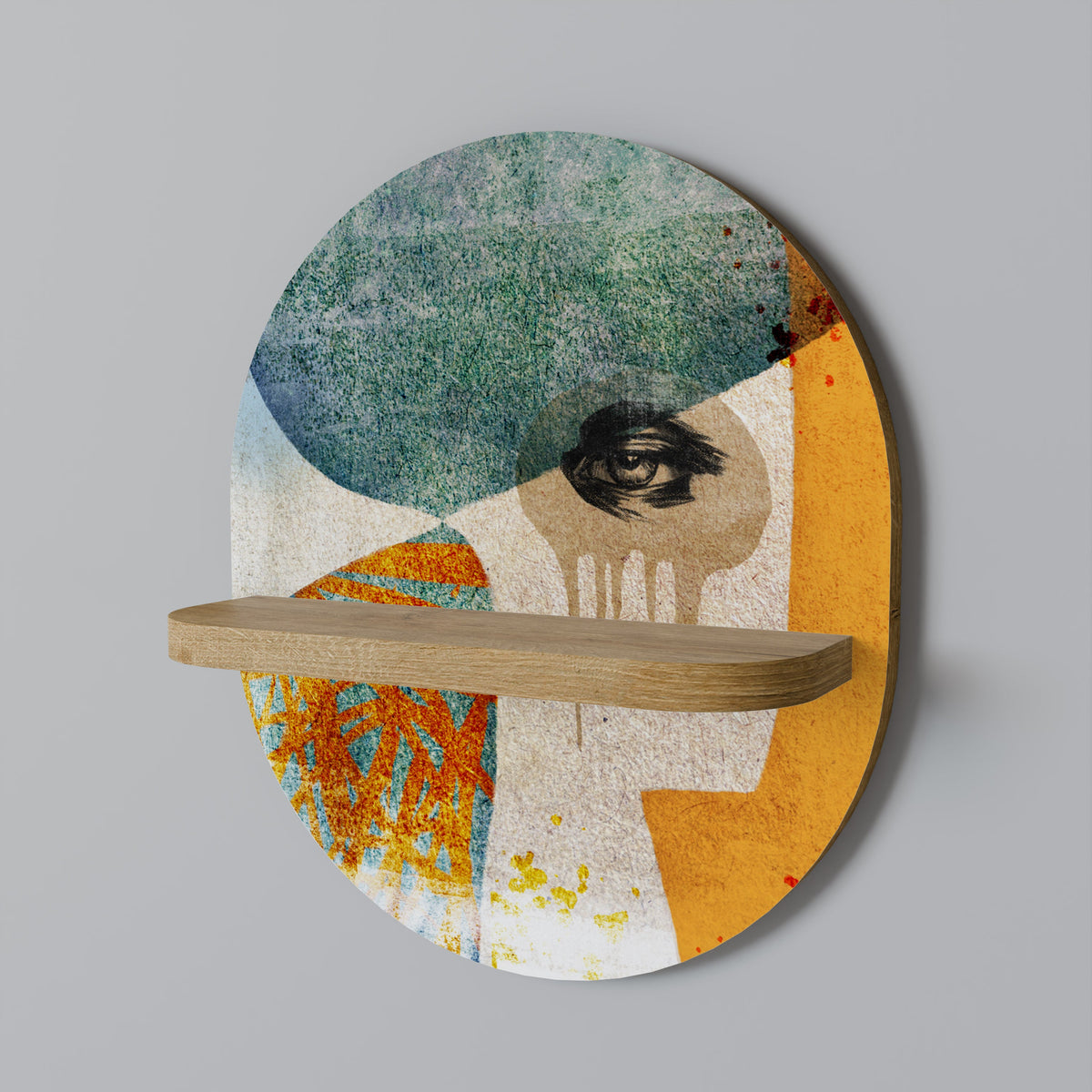 ABSTRACT FACES Oval Art Shelf In Oak Effect