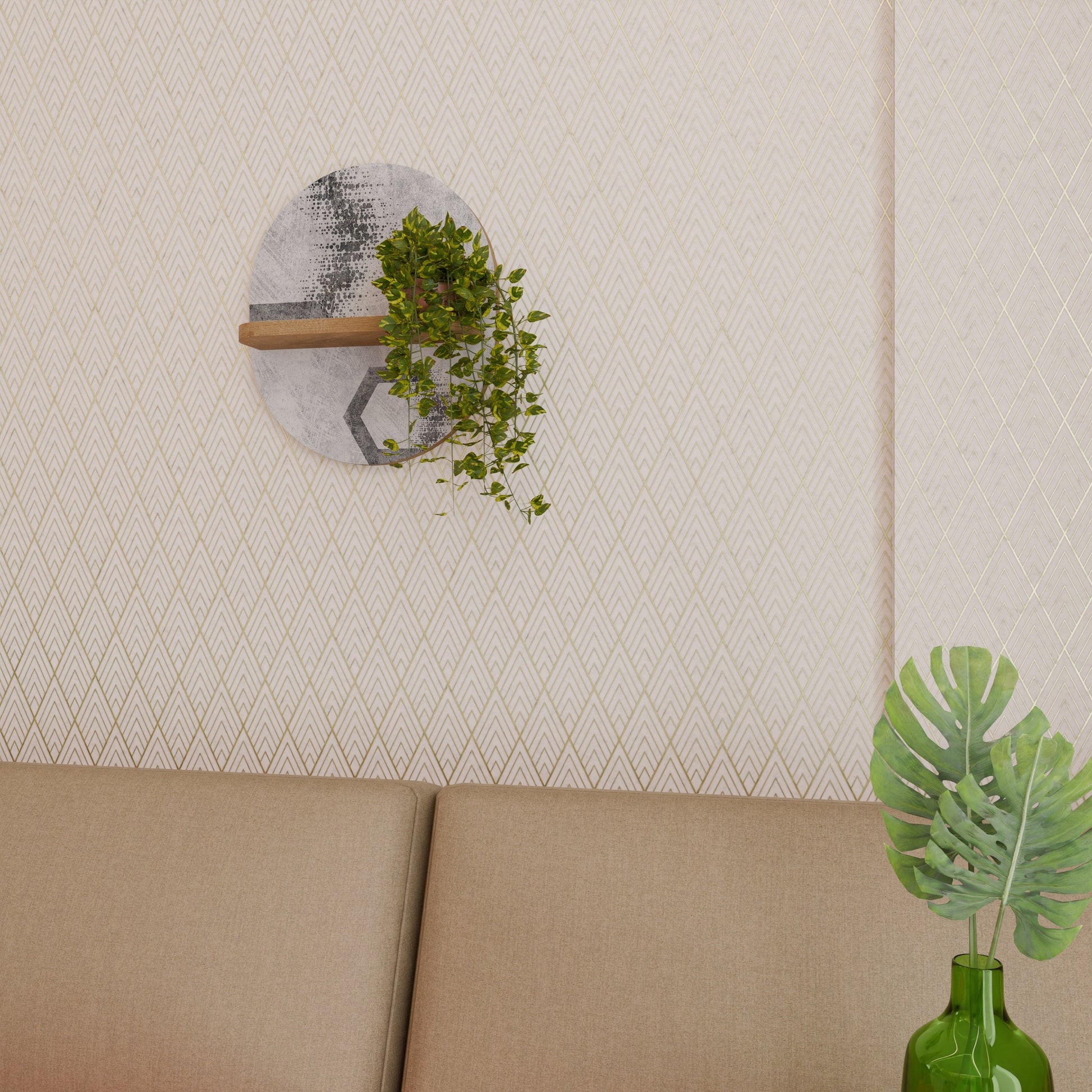 HEXAGONAL FIGURES Oval Art Shelf In Oak Effect