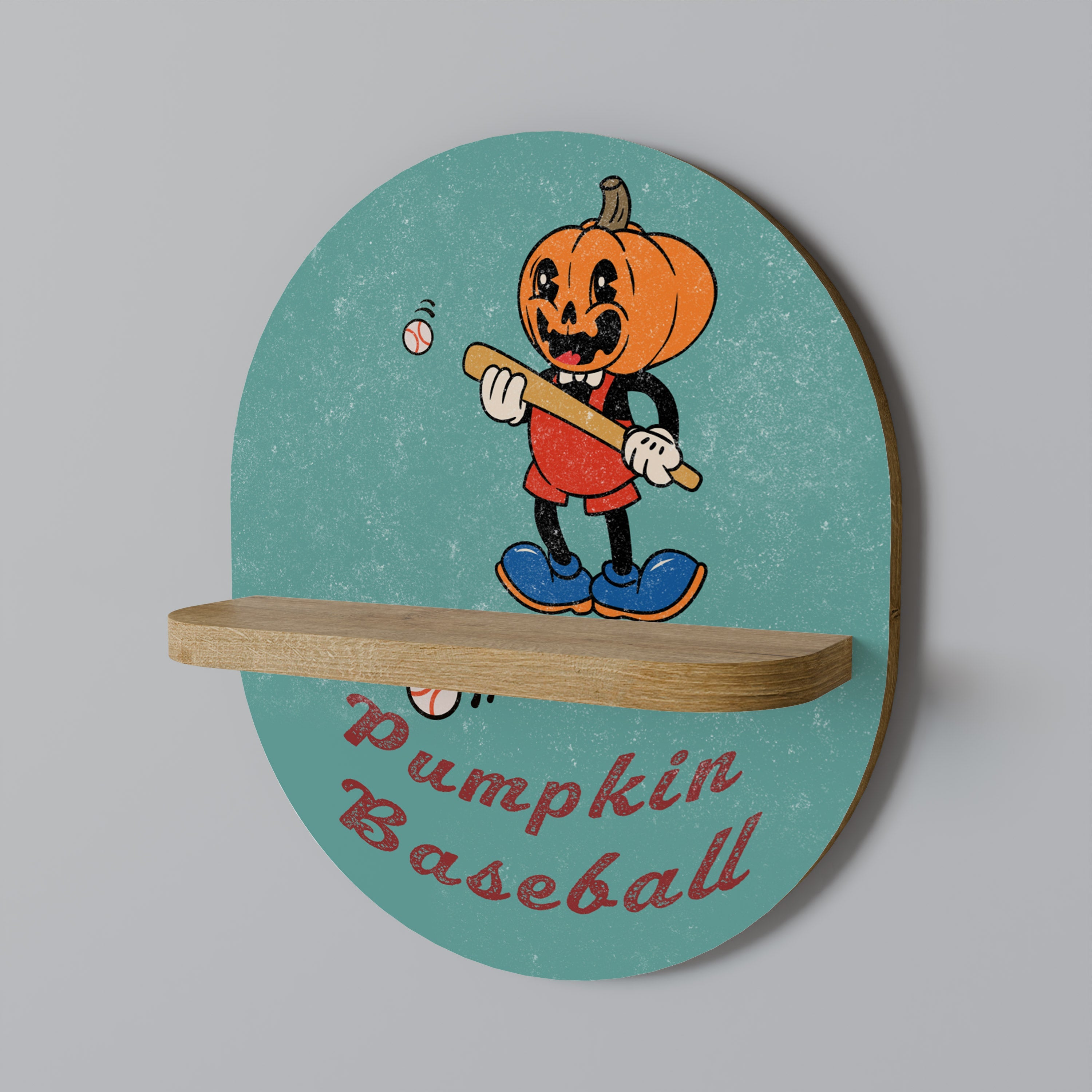 Étagère ovale effet chêne avec motif citrouille baseball