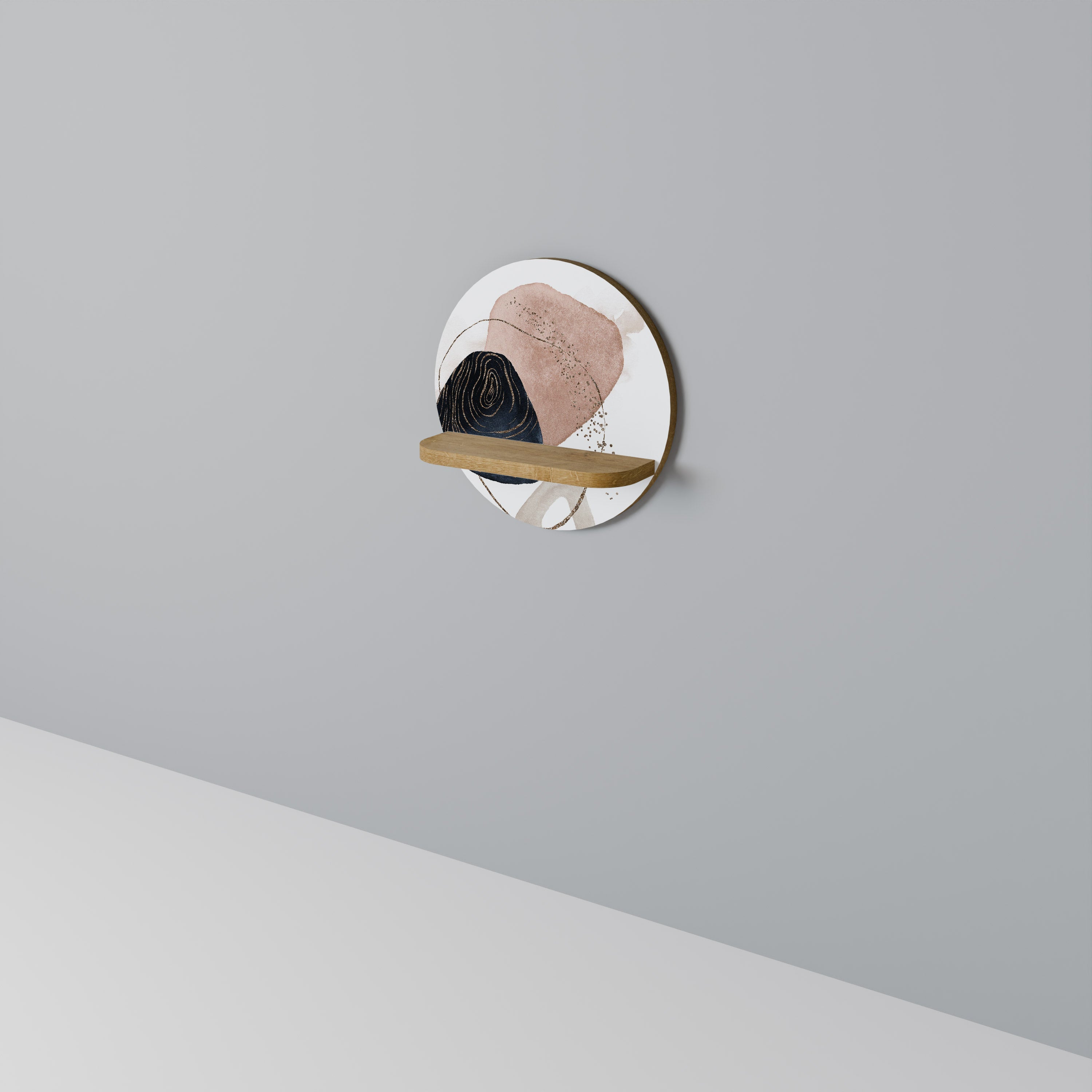 Étagère ronde effet chêne aux formes colorées