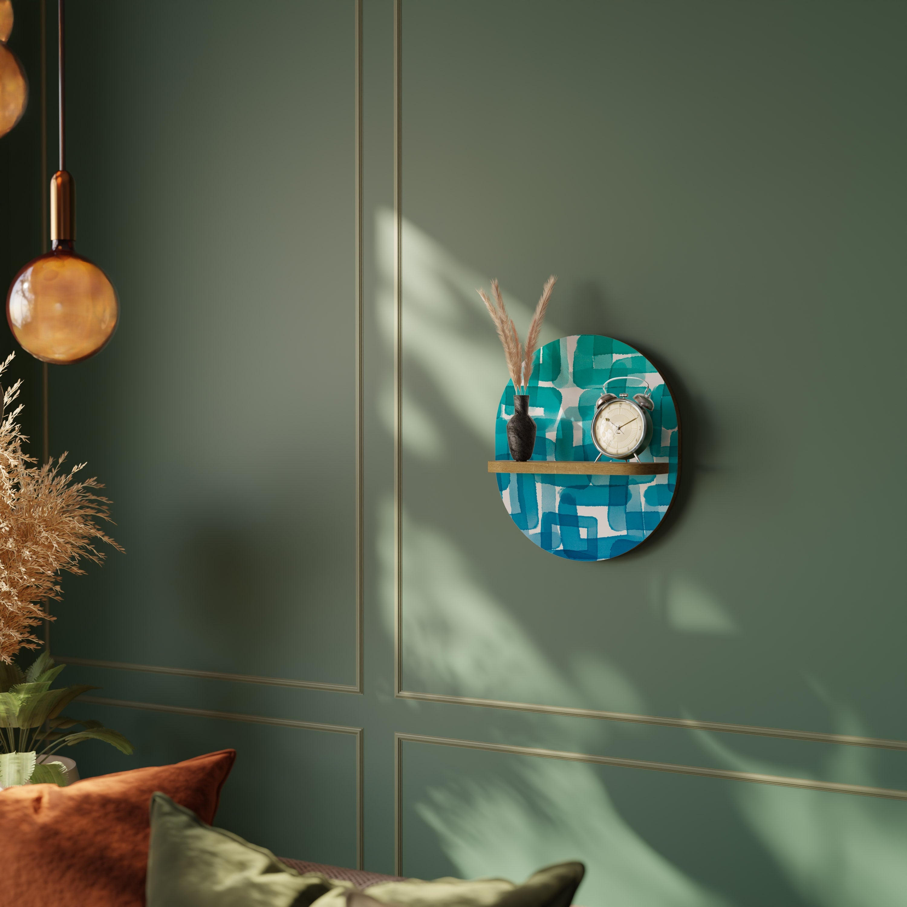 Étagère d'art ovale TURQUOISE RECTANGLES effet chêne