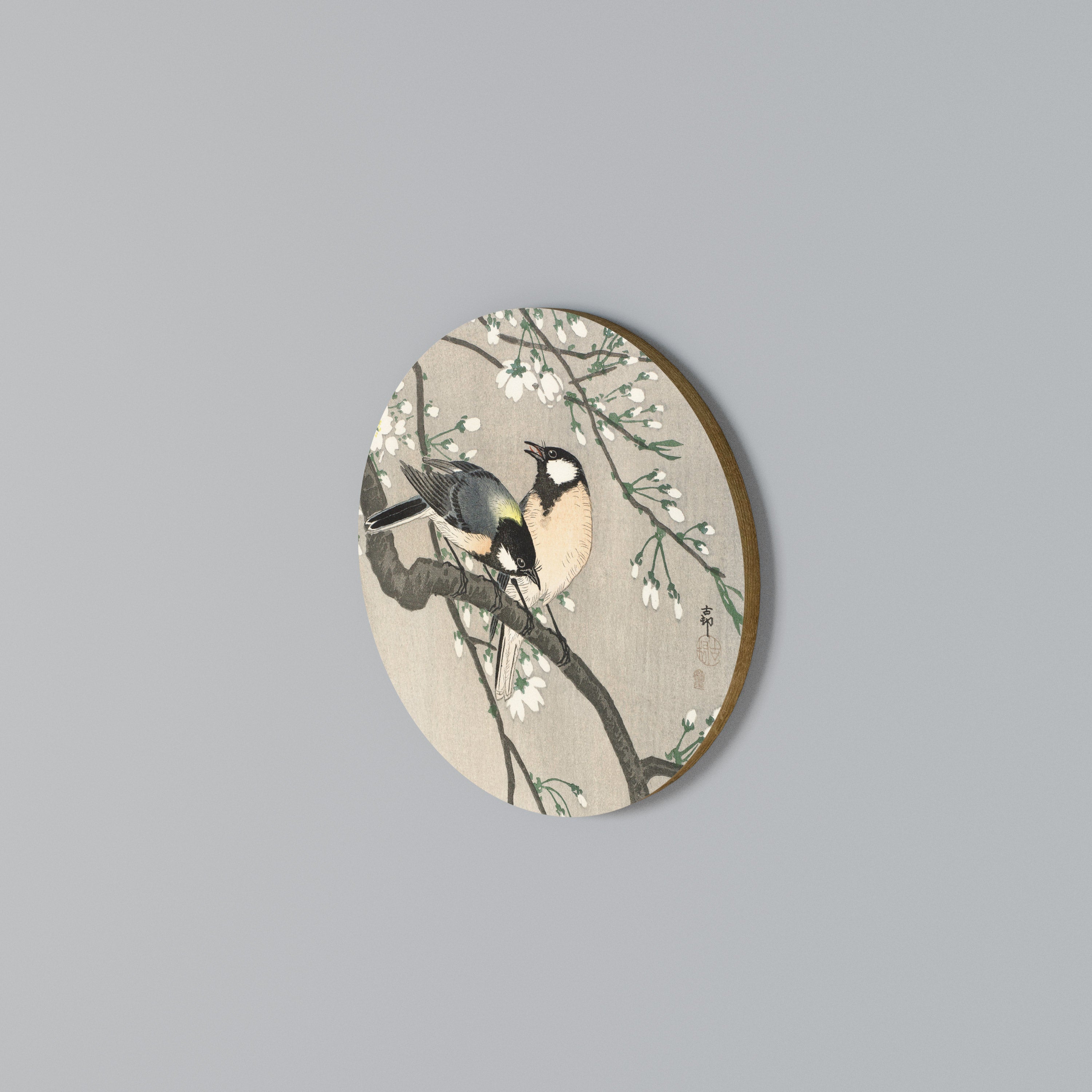 TITS ON CHERRY BRANCH Round Wall Art