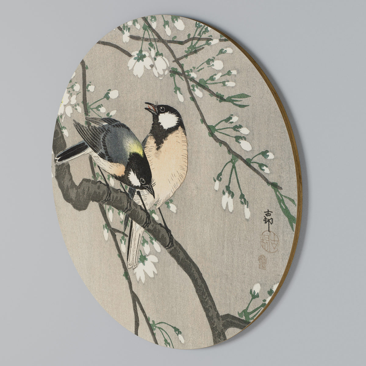 TITS ON CHERRY BRANCH Round Wall Art