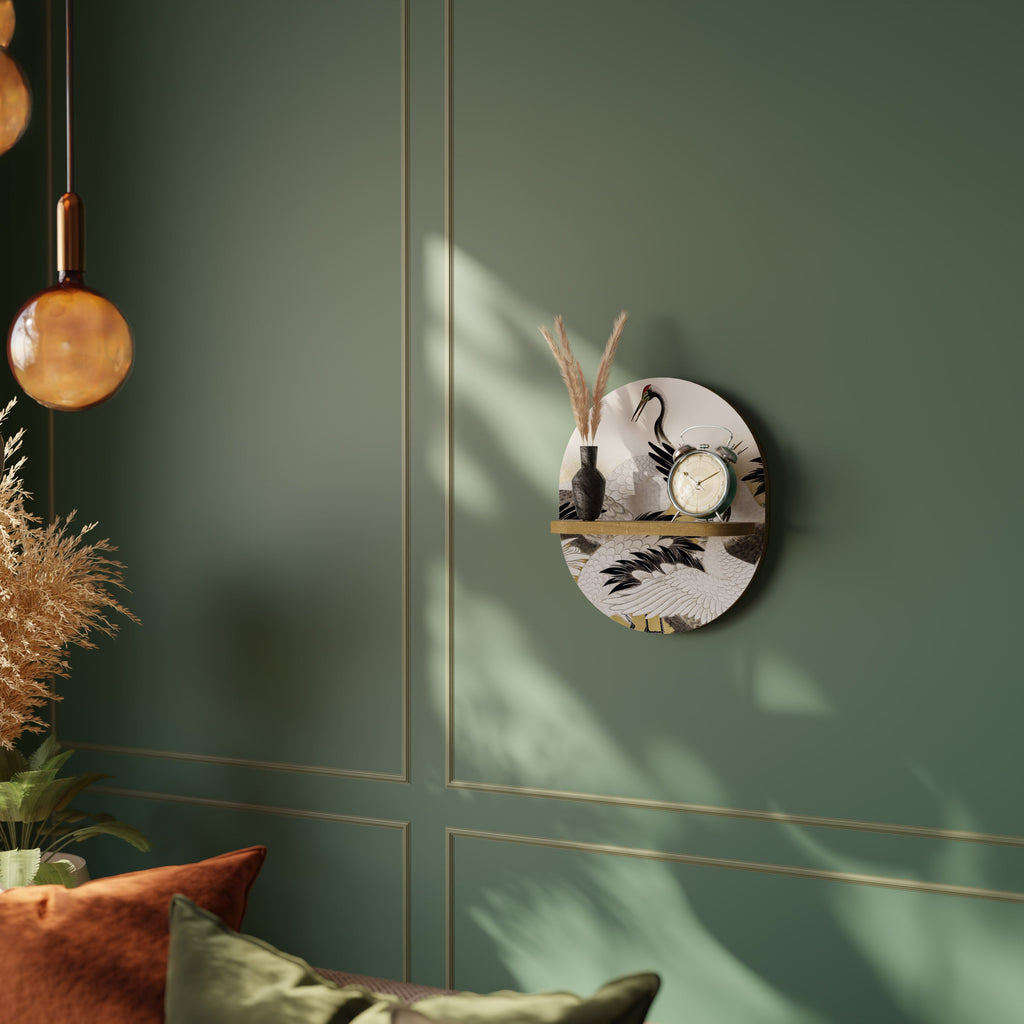 Étagère ovale japonaise effet chêne représentant un troupeau de grues