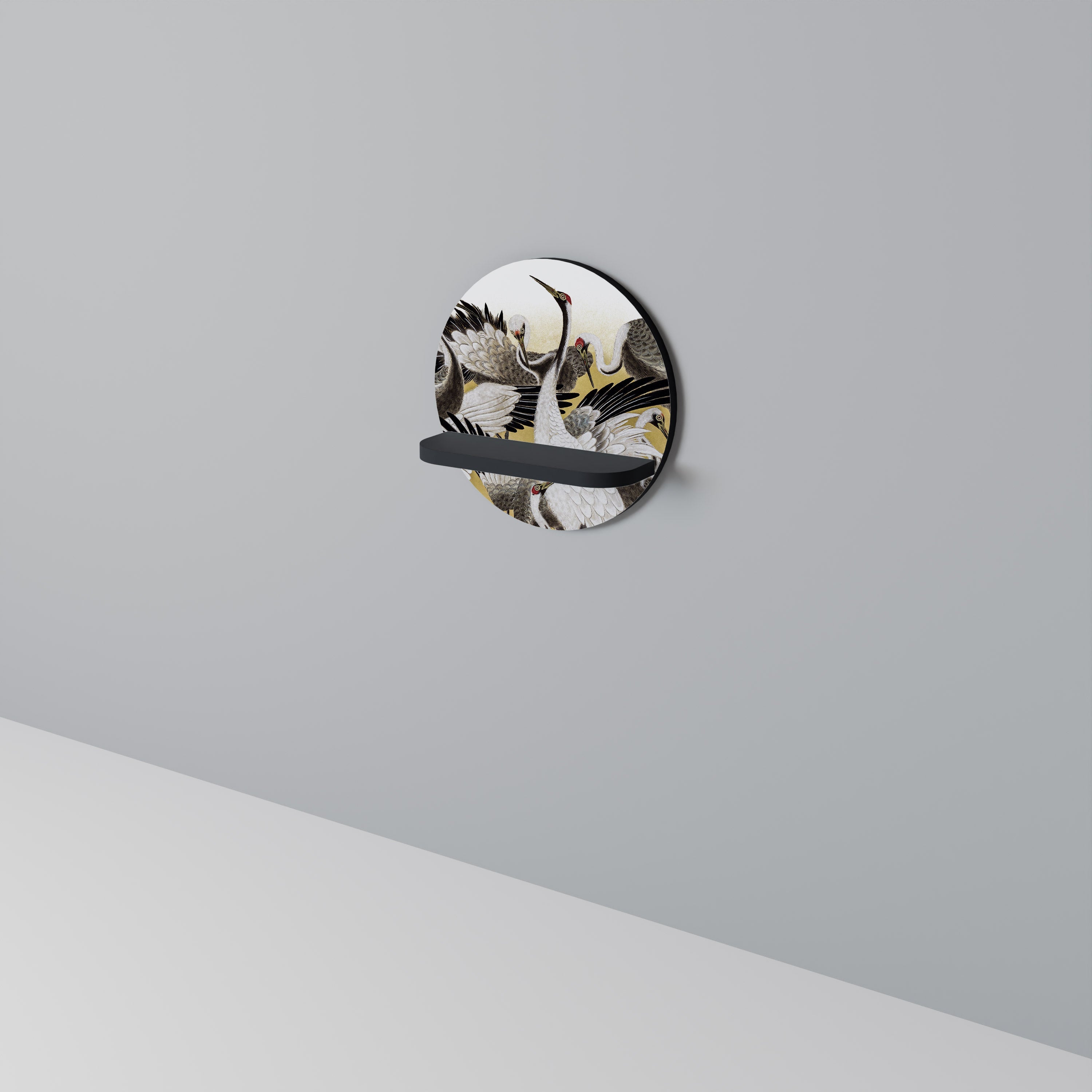 Étagère ronde japonaise en finition noire représentant un troupeau de grues