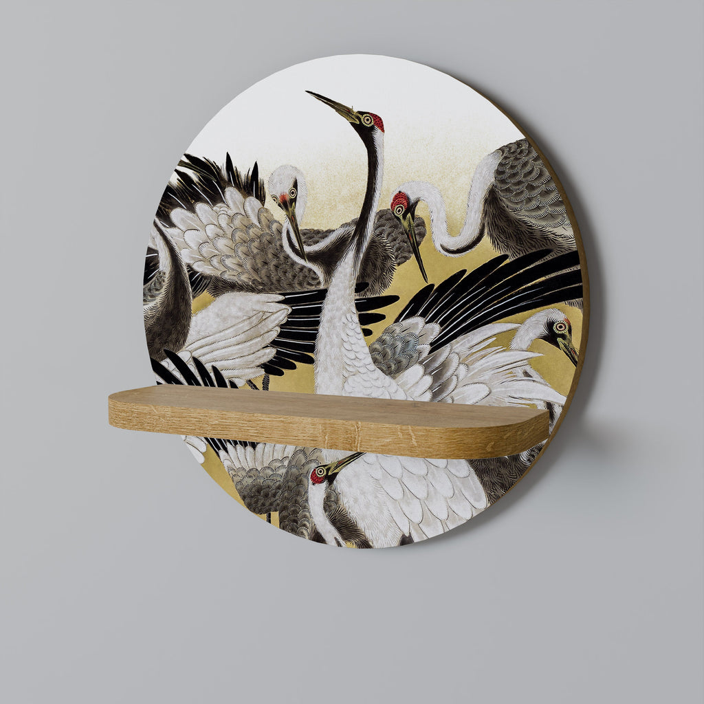 JAPANESE FLOCK OF CRANES Round Art Shelf In Oak Effect