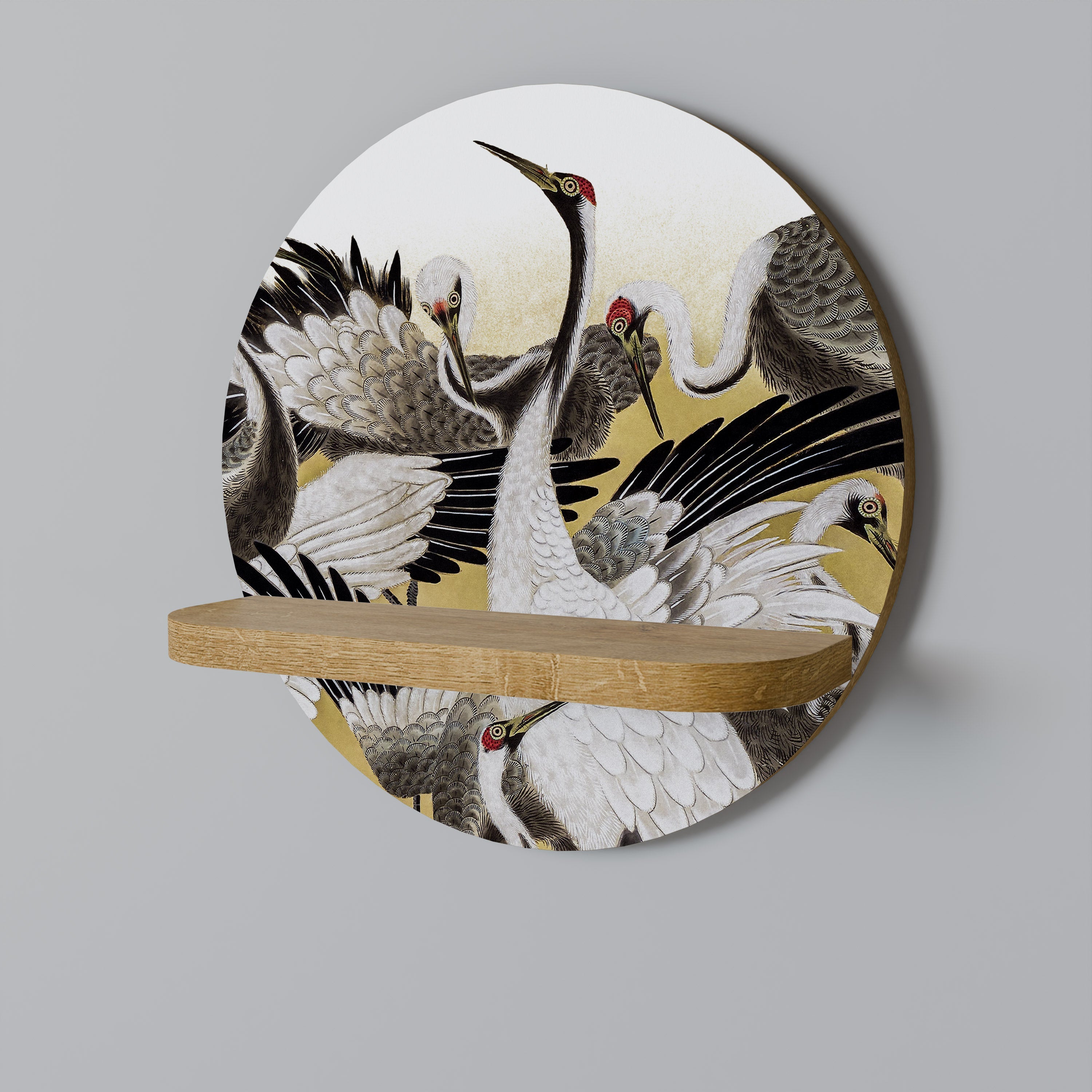JAPANESE FLOCK OF CRANES Round Art Shelf In Oak Effect
