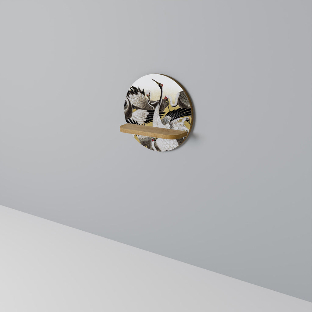 JAPANESE FLOCK OF CRANES Round Art Shelf In Oak Effect