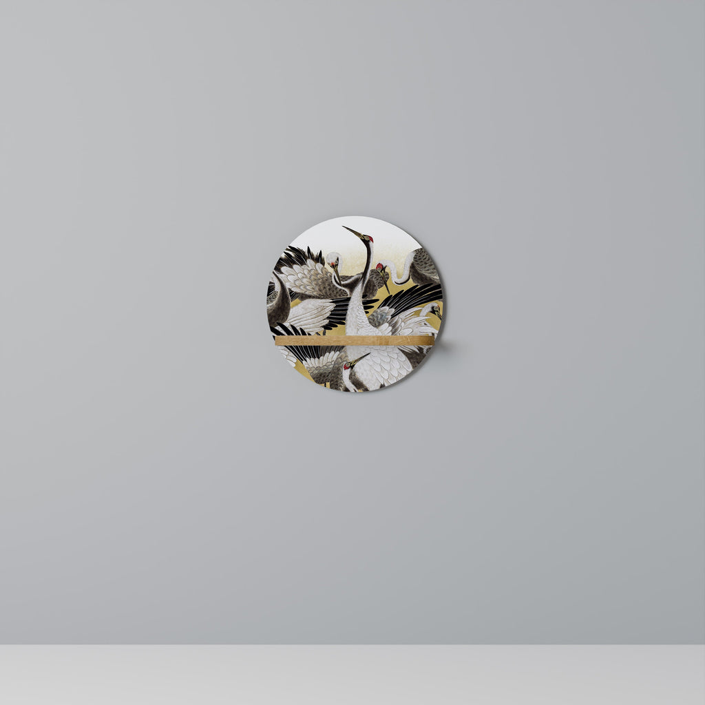 JAPANESE FLOCK OF CRANES Round Art Shelf In Oak Effect