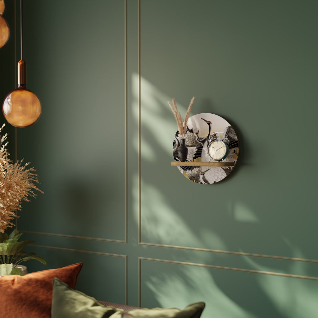 JAPANESE FLOCK OF CRANES Round Art Shelf In Oak Effect