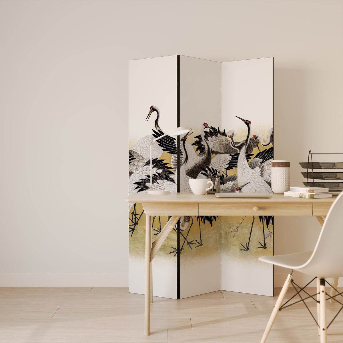 JAPANESE FLOCK OF CRANES 3-Panel Room Divider