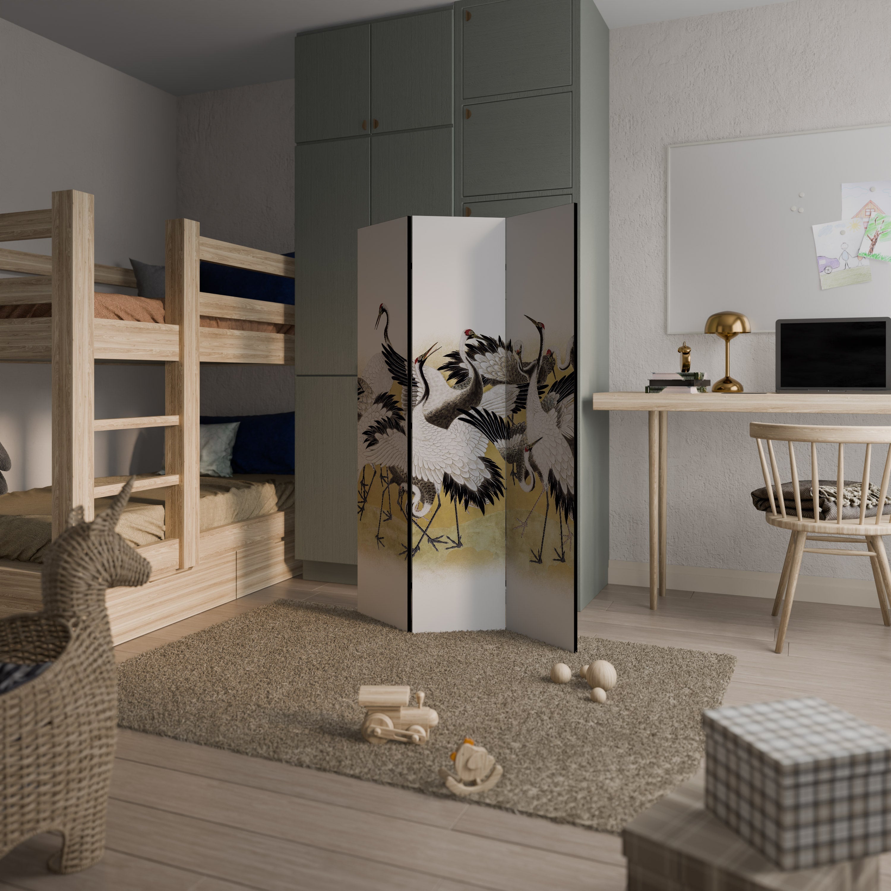 Cloison décorative à 3 panneaux, motif VOLÉE DE GRUES JAPONAISES