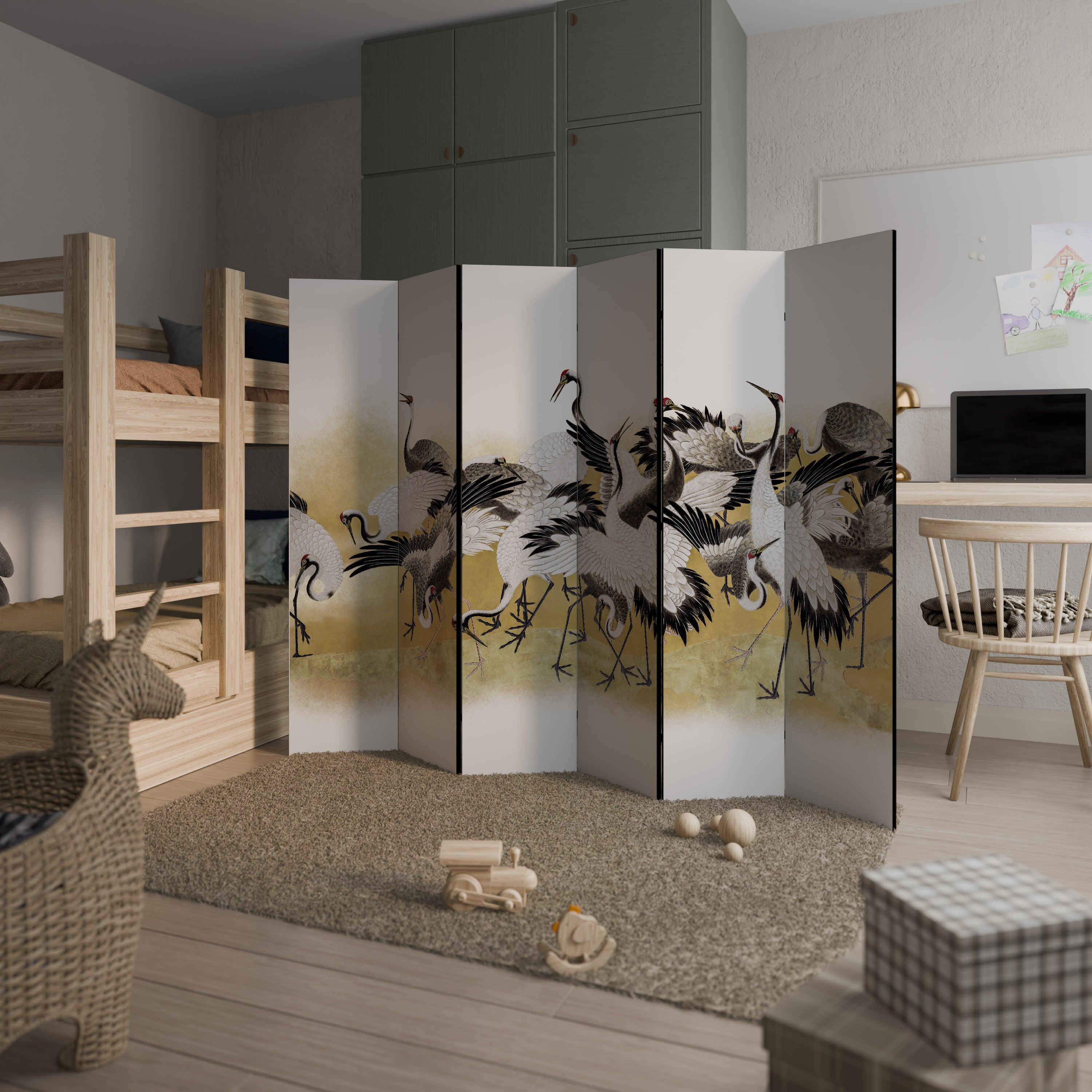 JAPANESE FLOCK OF CRANES Decorative 6-Panel Room Divider