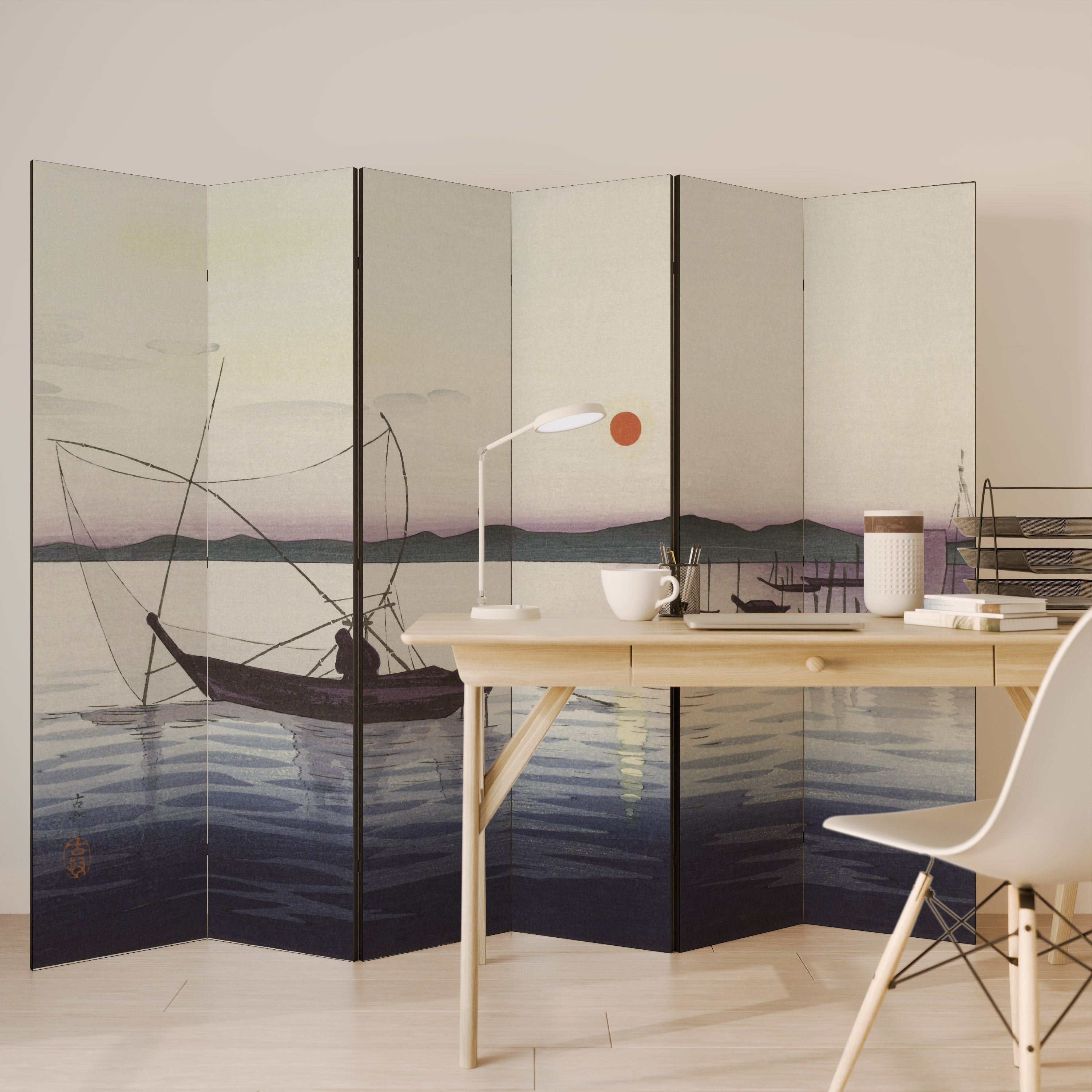 BOATS AND SETTING SUN Decorative 6-Panel Room Divider