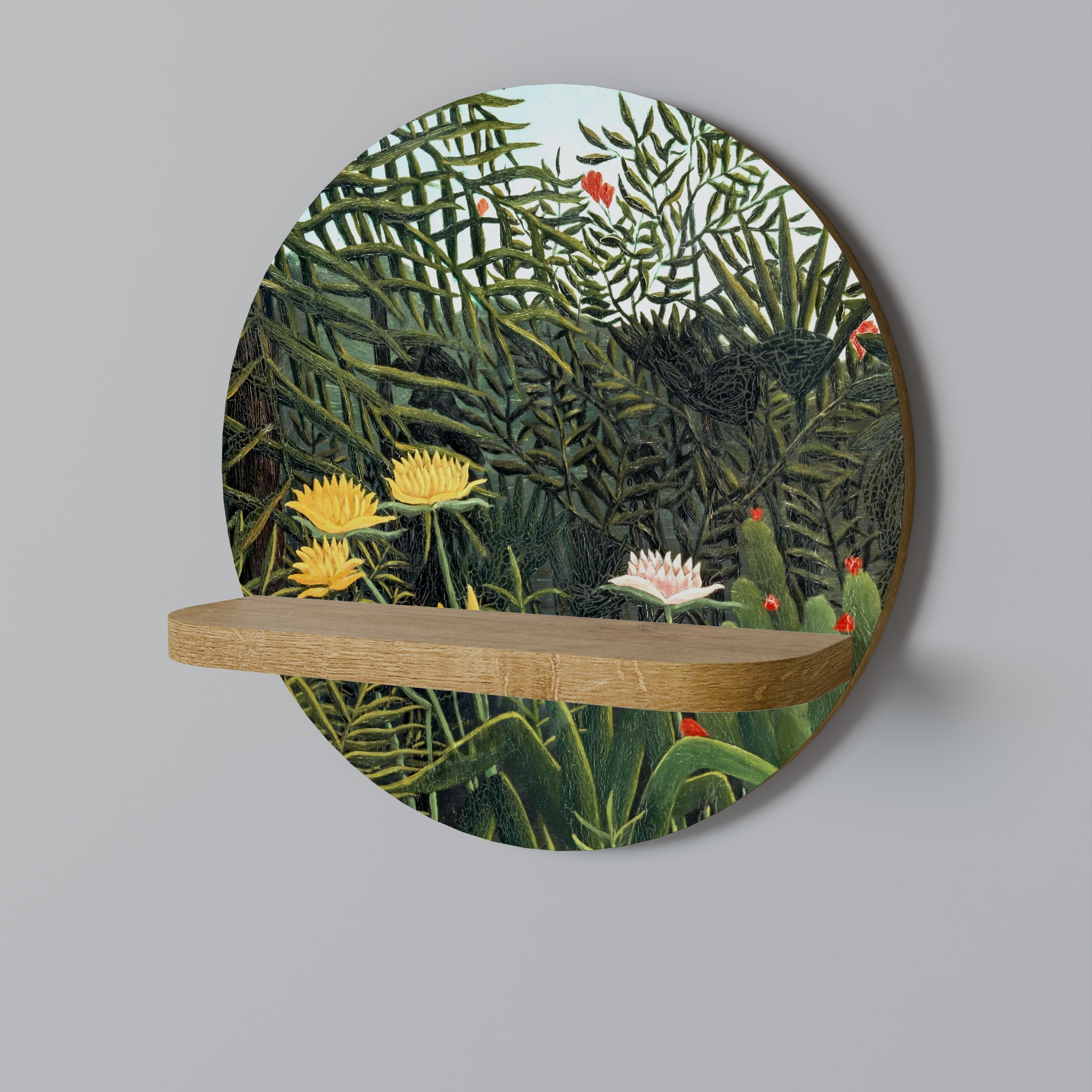 VIRGIN FOREST WITH SUNSET Round Art Shelf In Oak Effect