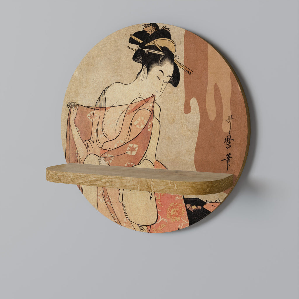 WOMAN, CAT AND EXTRA BROWN Round Art Shelf In Oak Effect