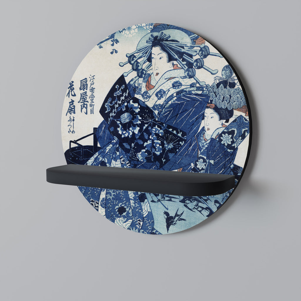 Étagère ronde en forme de femme japonaise, finition noire