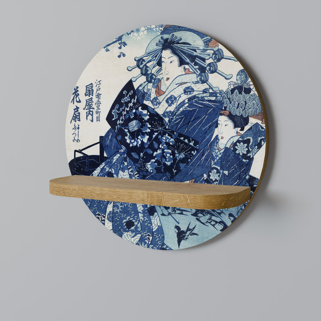 JAPANESE WOMAN Round Art Shelf In Oak Effect