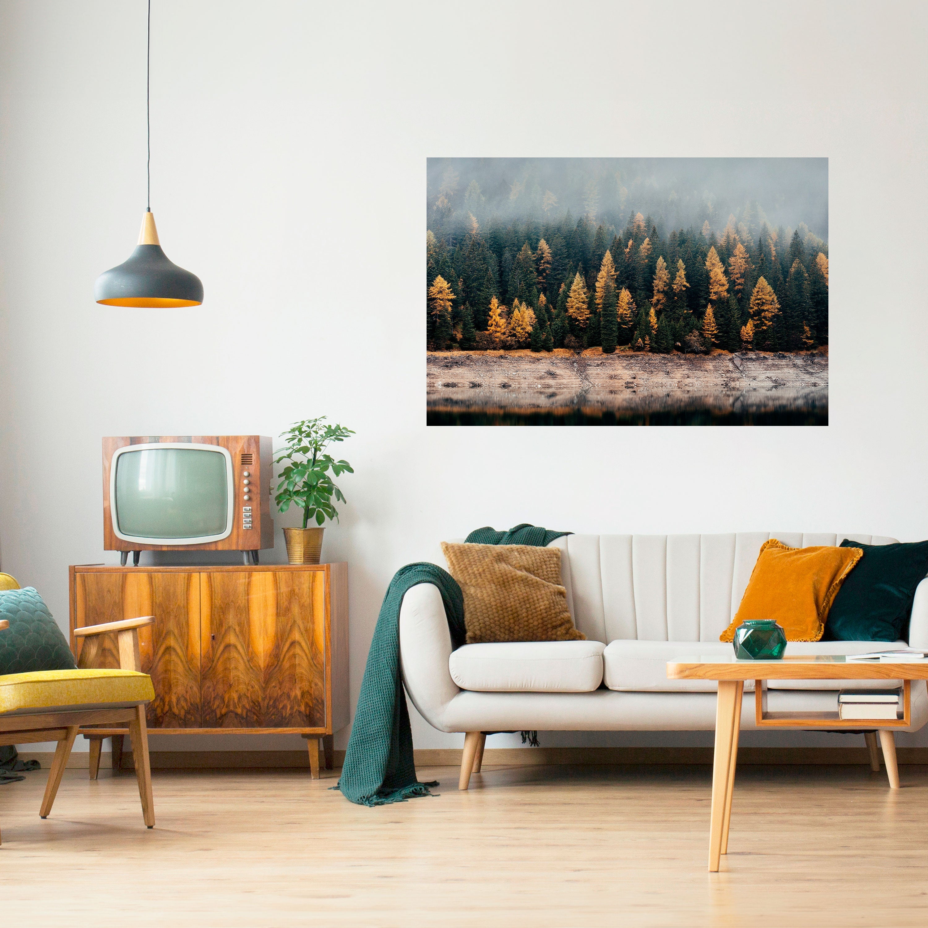 Affiche horizontale autocollante ARBRES DORÉS DANS LE BROUILLARD