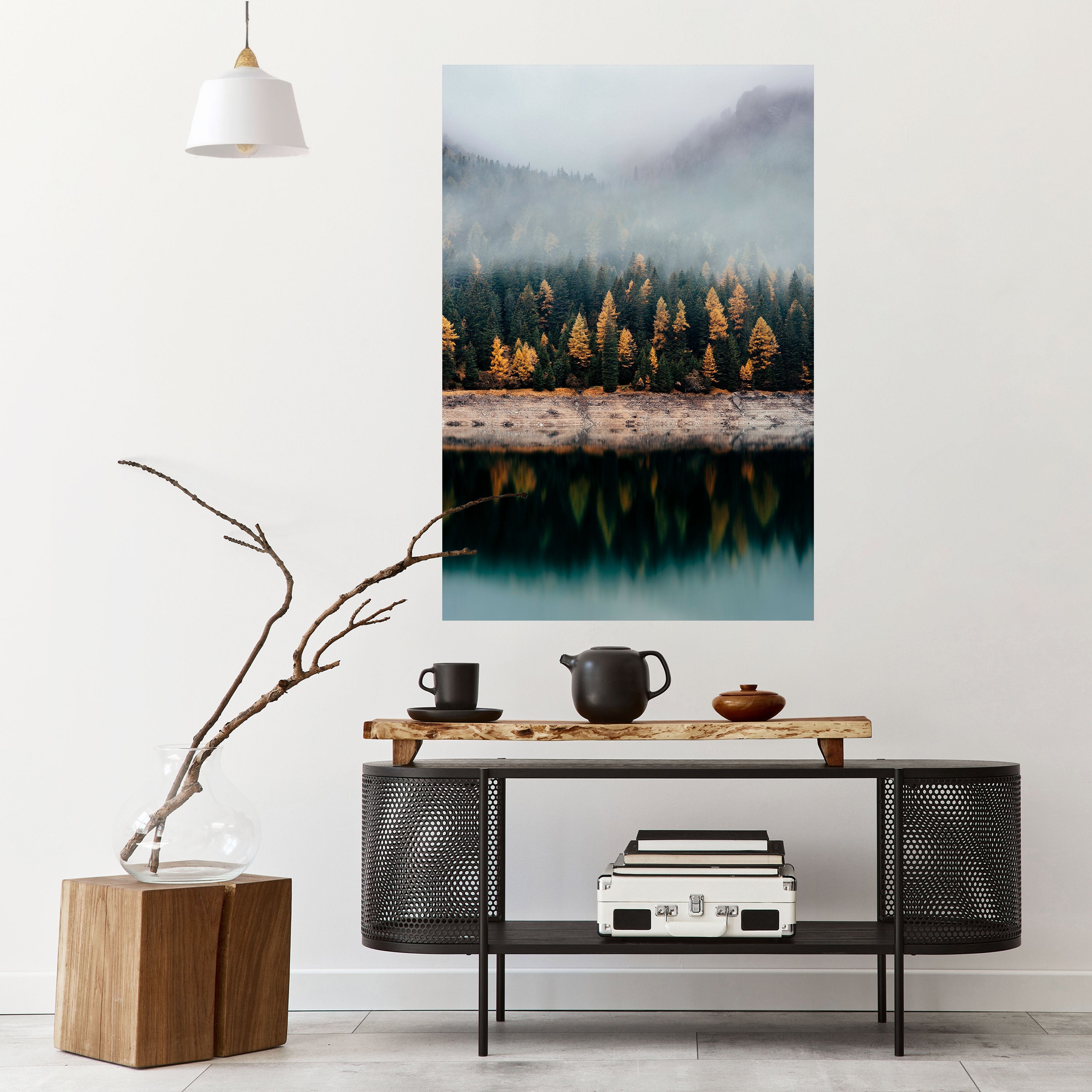 Affiche verticale autocollante « ARBRES DORÉS DANS LE BROUILLARD »