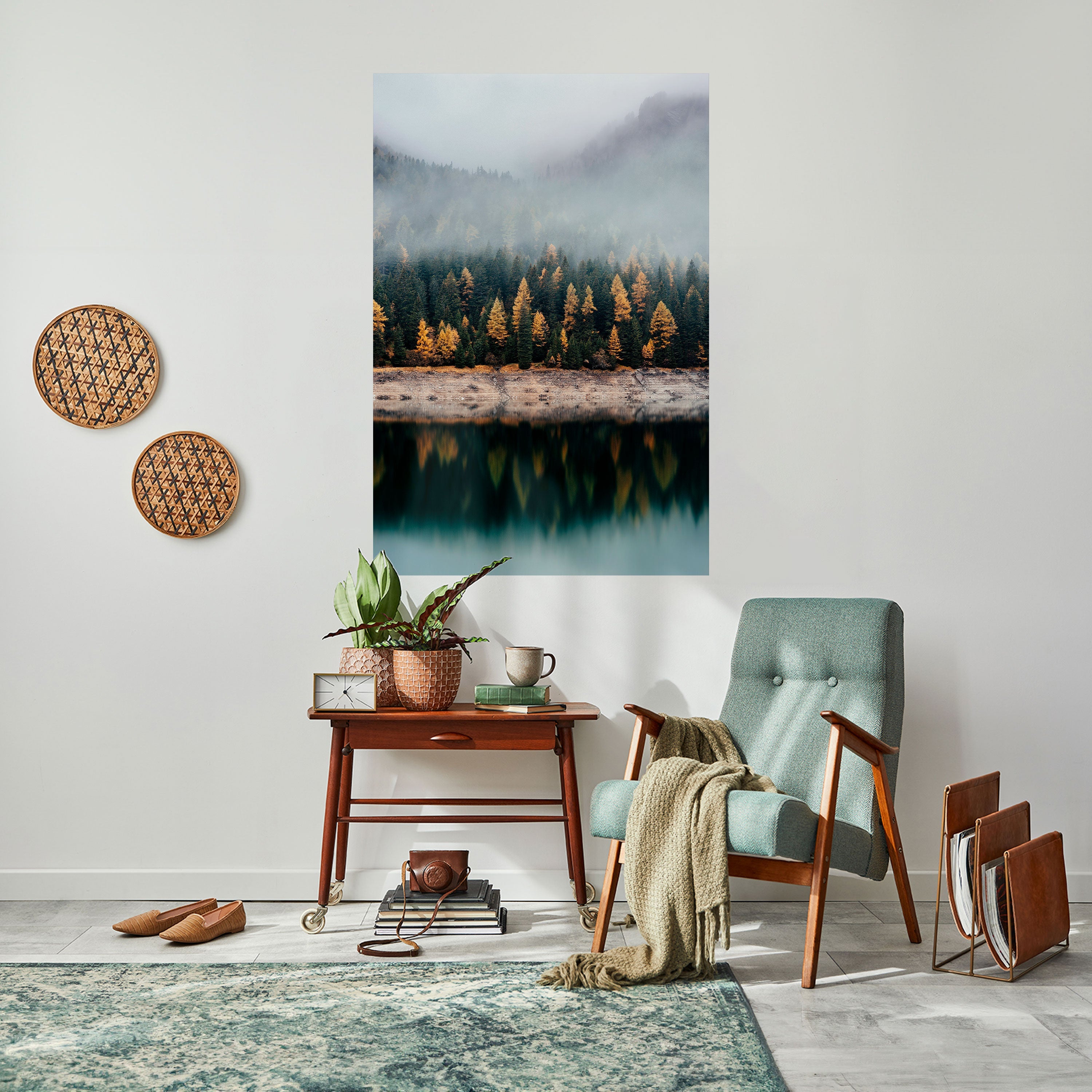 Affiche verticale autocollante « ARBRES DORÉS DANS LE BROUILLARD »