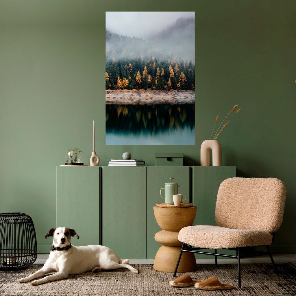 Affiche verticale autocollante « ARBRES DORÉS DANS LE BROUILLARD »