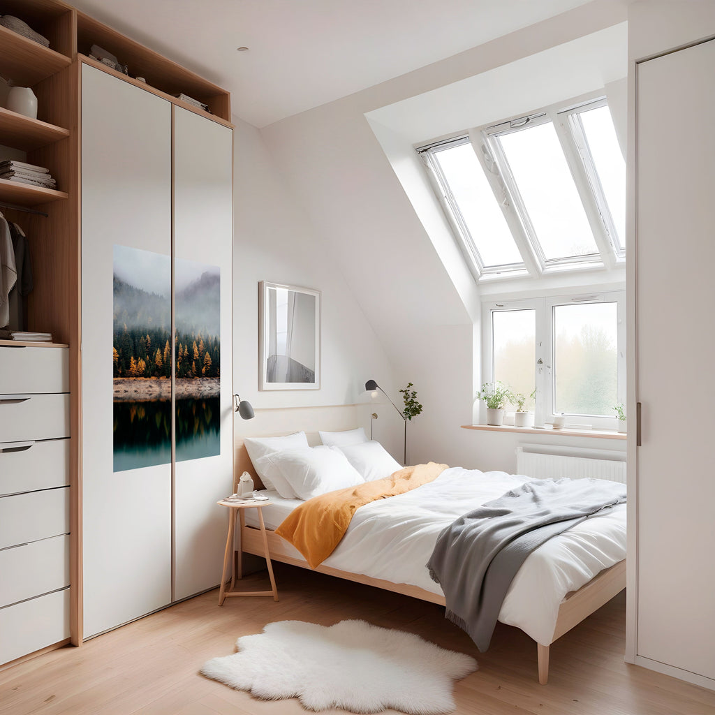 Affiche verticale autocollante « ARBRES DORÉS DANS LE BROUILLARD »