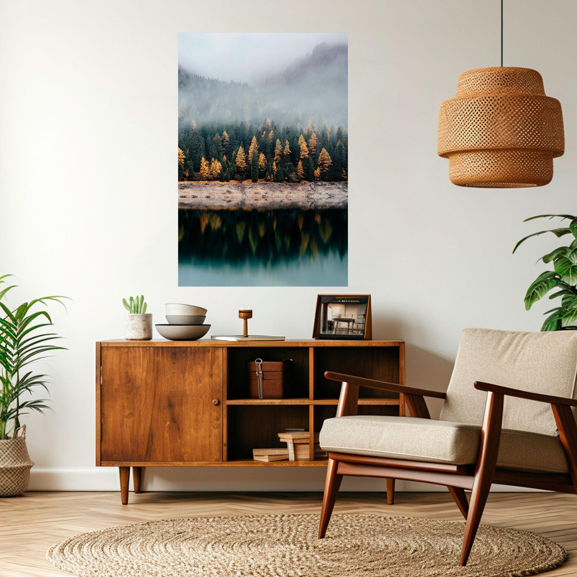 Affiche verticale autocollante « ARBRES DORÉS DANS LE BROUILLARD »