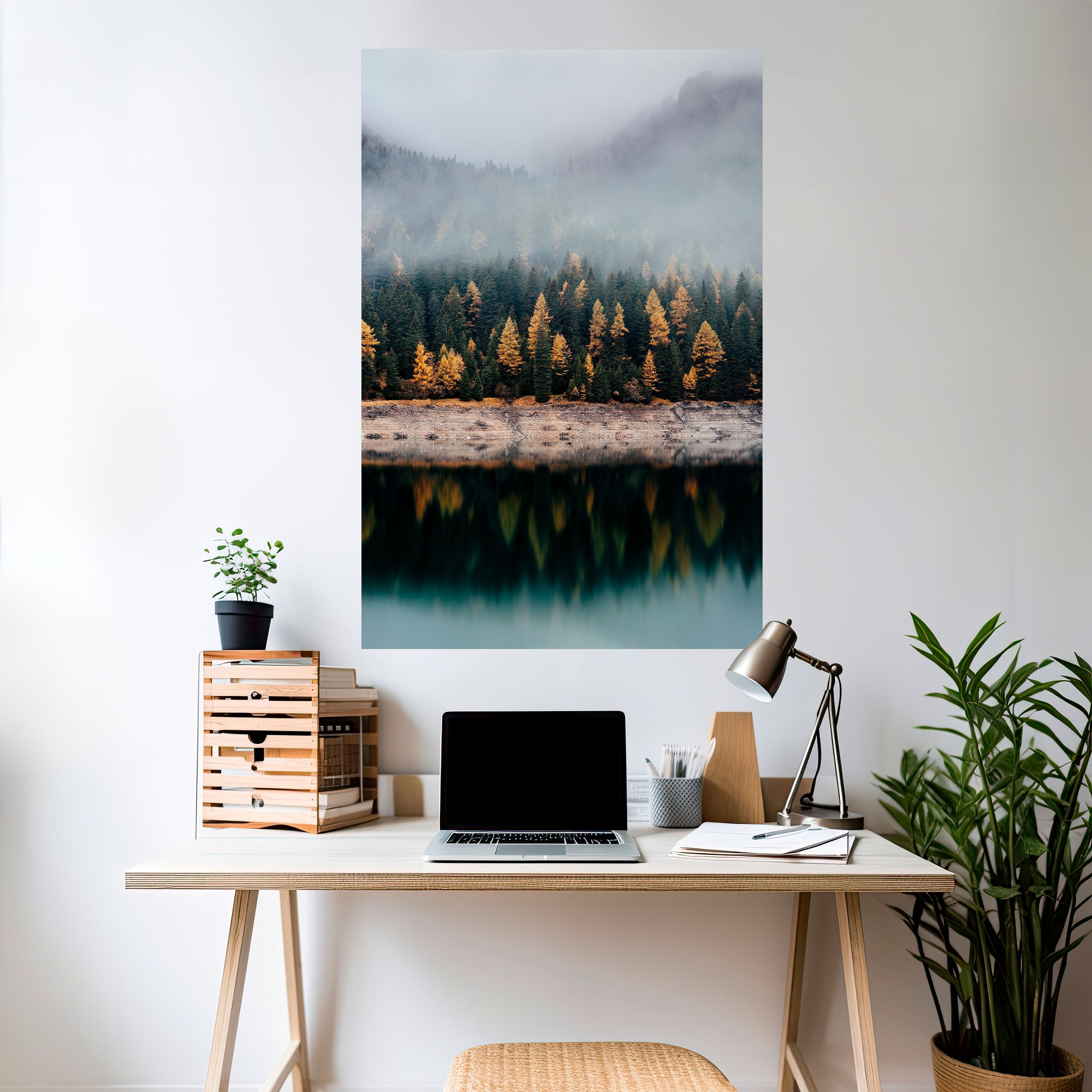 Affiche verticale autocollante « ARBRES DORÉS DANS LE BROUILLARD »