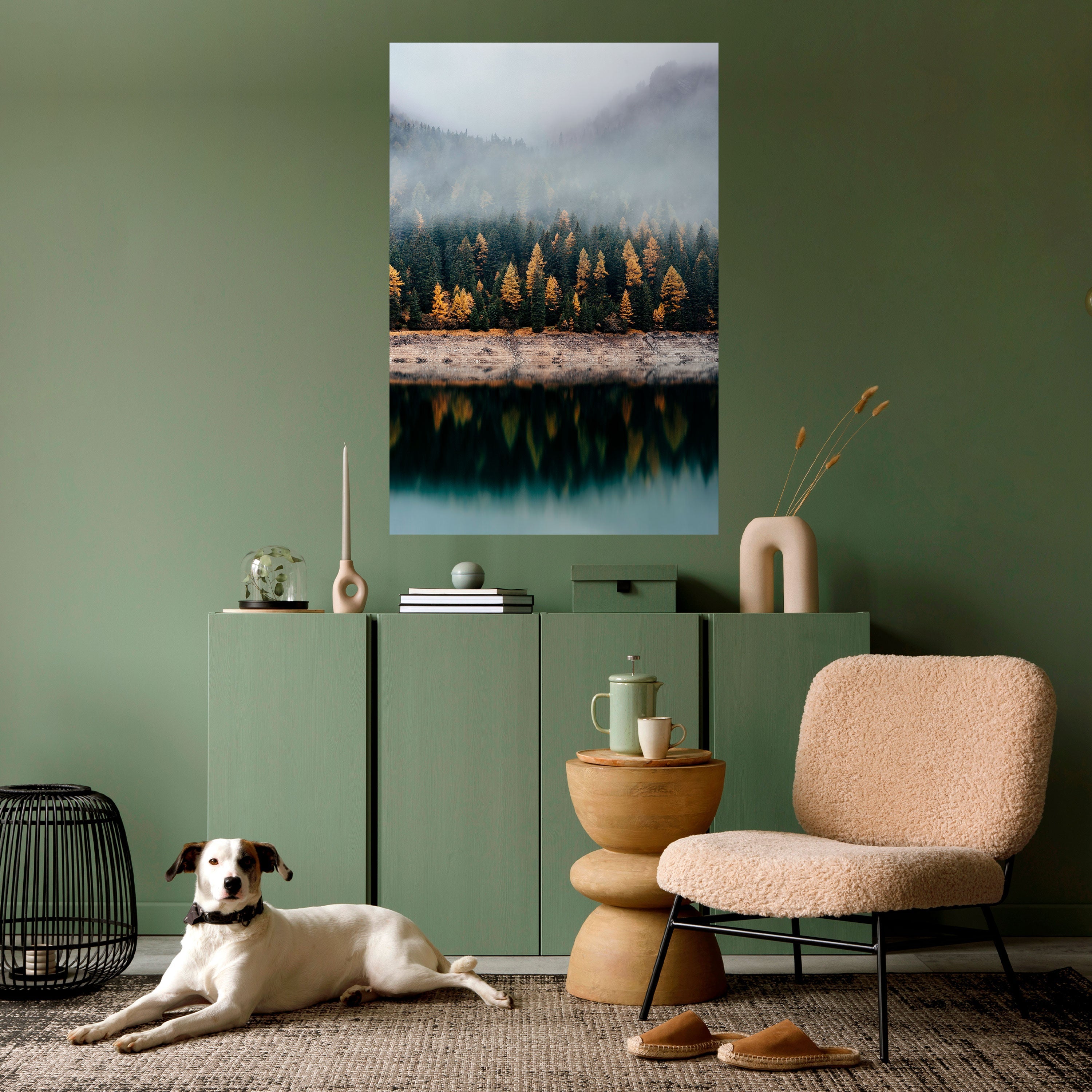 Affiche verticale autocollante « ARBRES DORÉS DANS LE BROUILLARD »