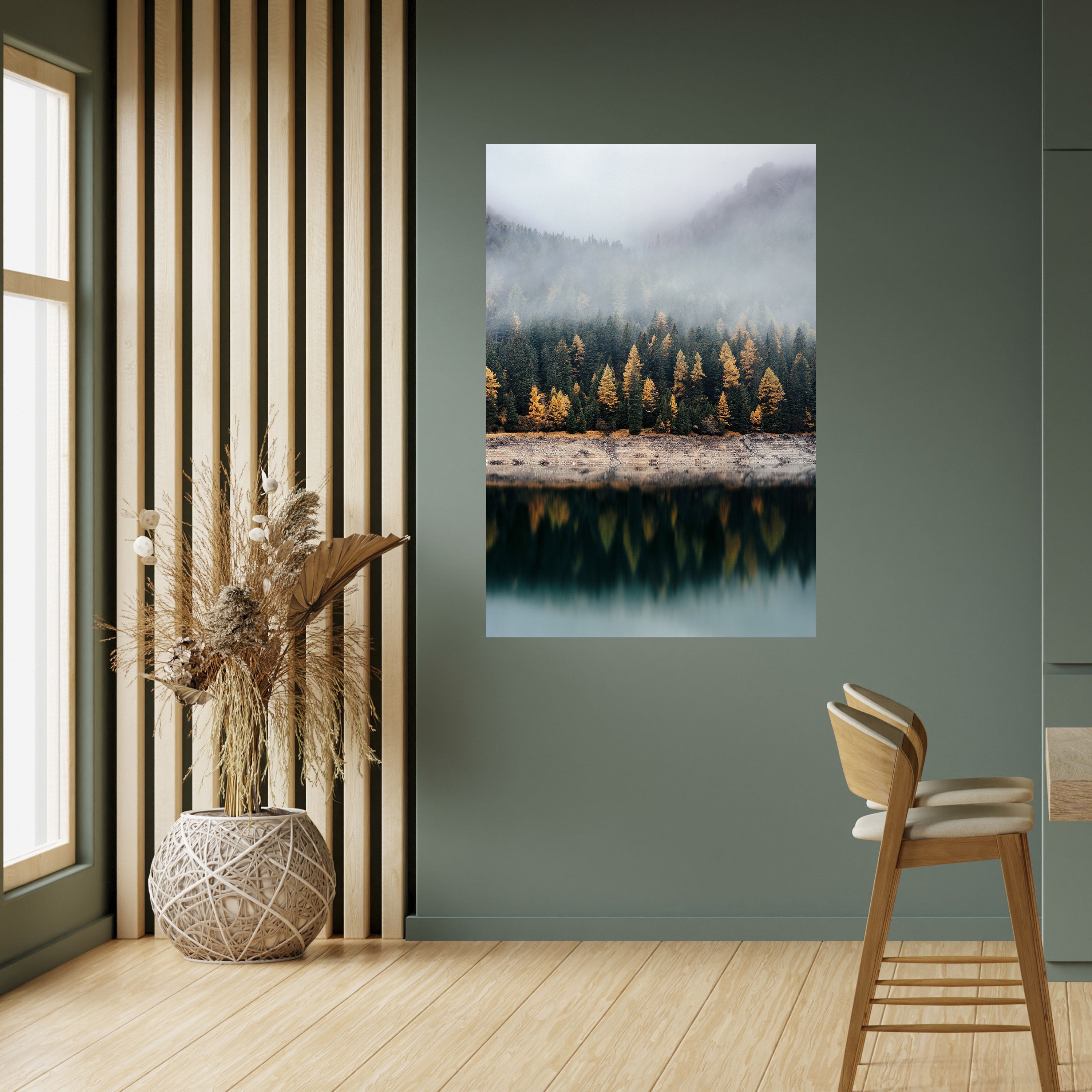 Affiche verticale autocollante « ARBRES DORÉS DANS LE BROUILLARD »