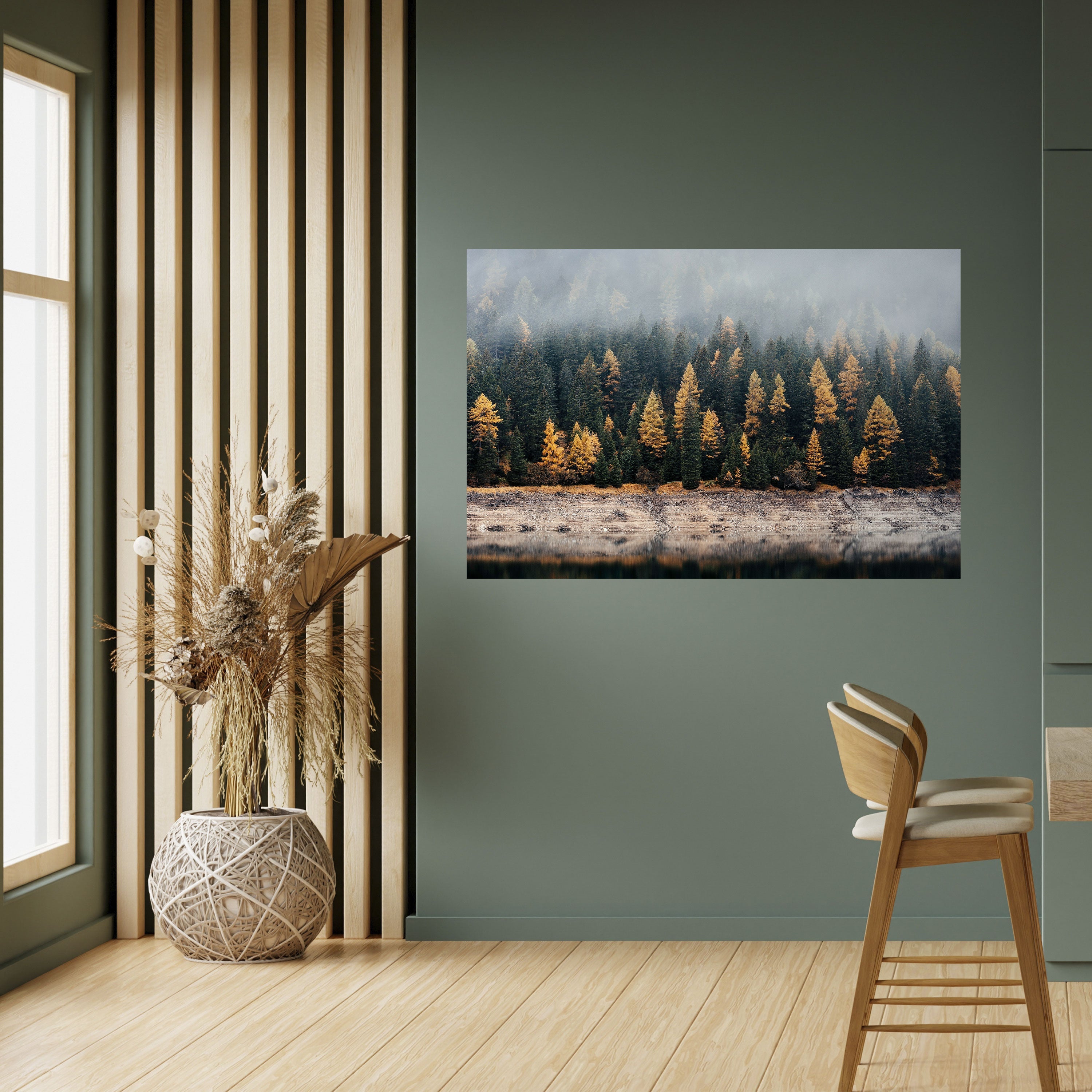 Affiche horizontale autocollante ARBRES DORÉS DANS LE BROUILLARD